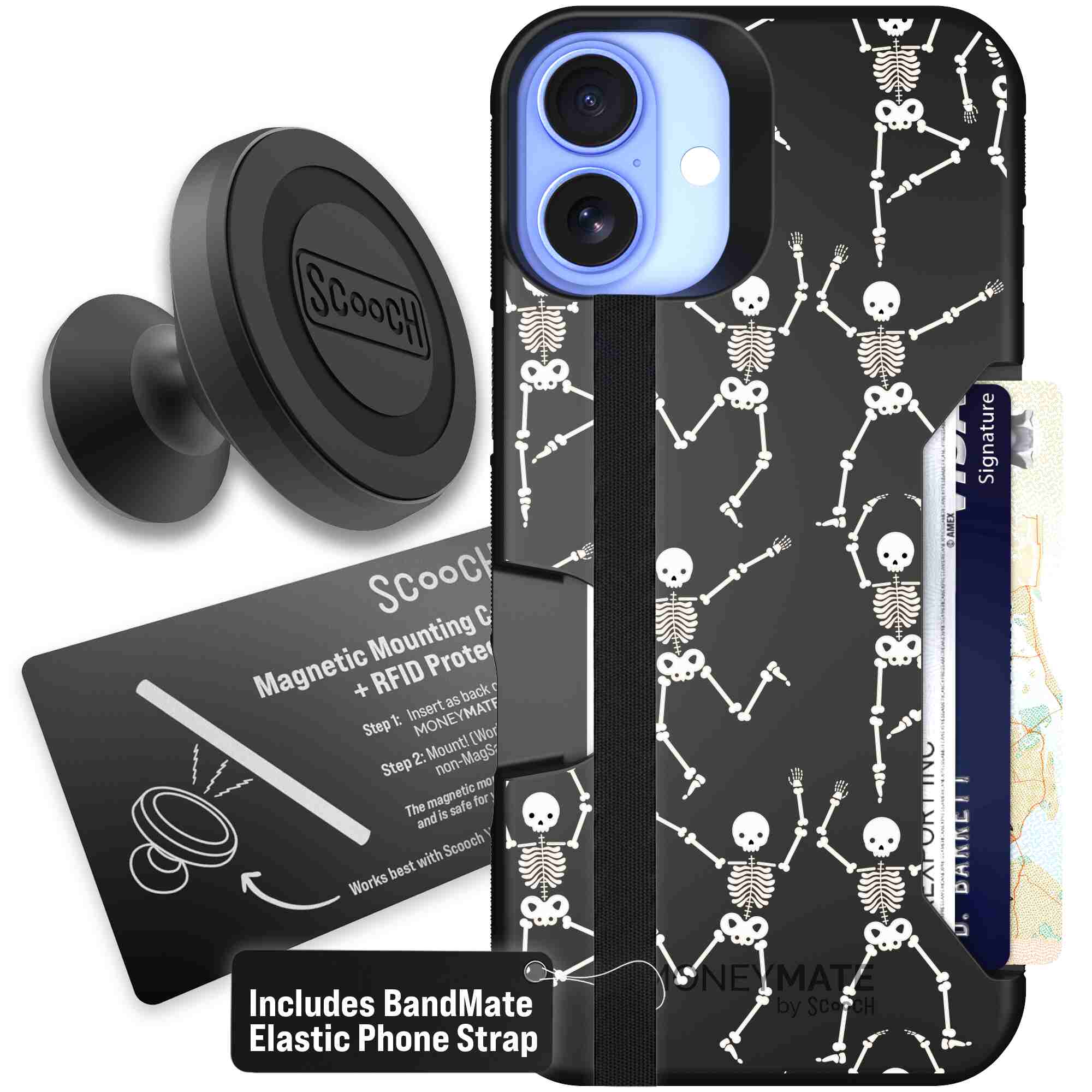 Swinging Skeletons white dancing skeleton pattern on a black Scooch Moneymate case for iPhone 16 Plus - Starter Bundle
