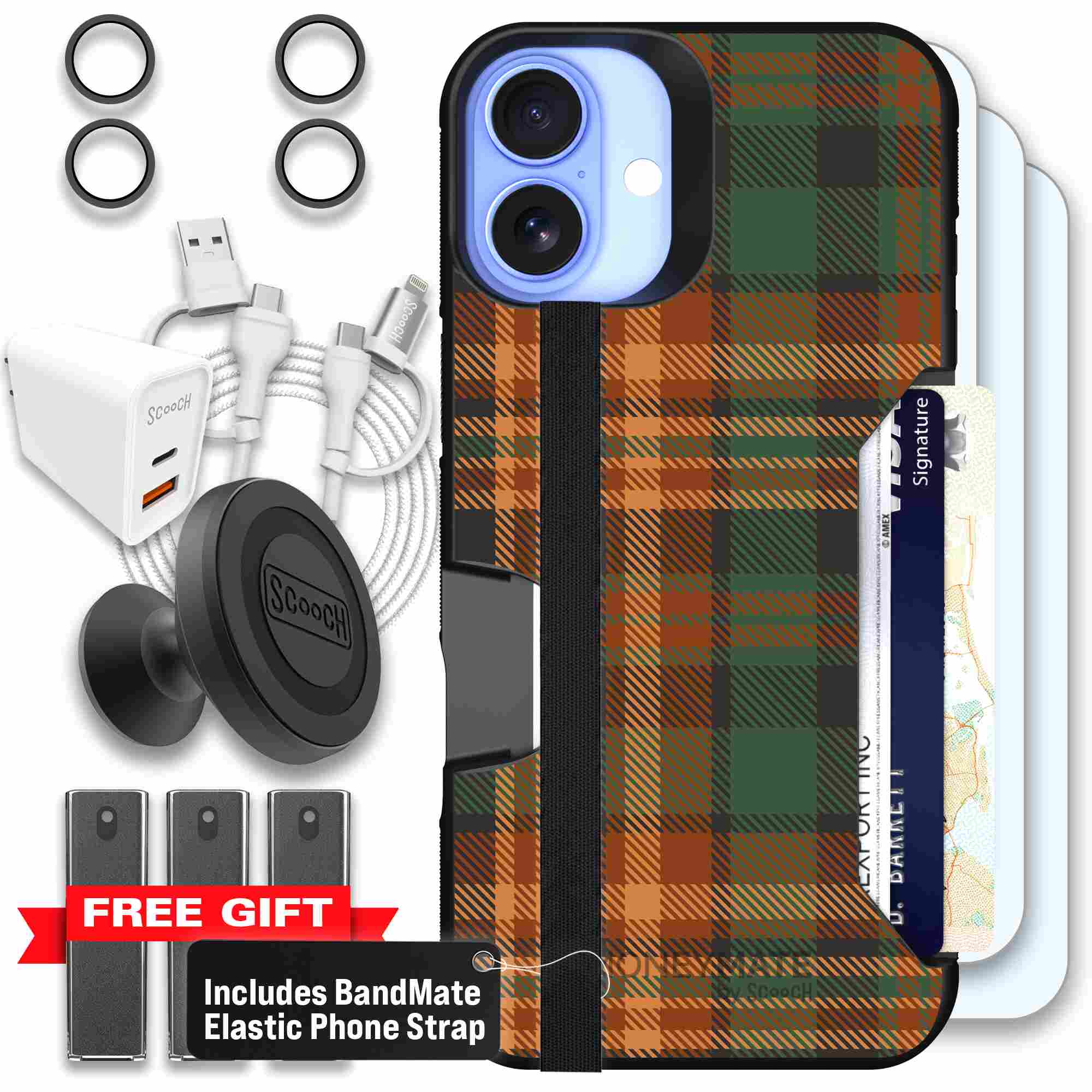 Fall Flannel orange and brown plaid pattern on a Scooch Moneymate case for iPhone 16 Plus - Ultimate Bundle