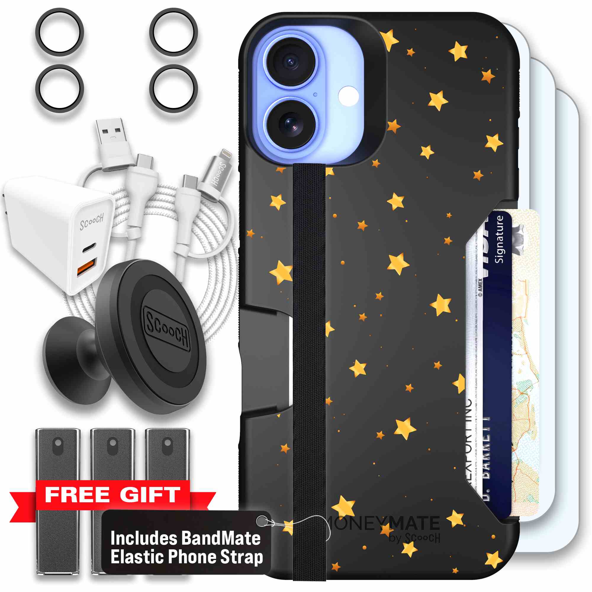 Gold Stars yellow and gold star pattern on a charcoal Scooch Moneymate case for iPhone 16 Plus - Ultimate Bundle