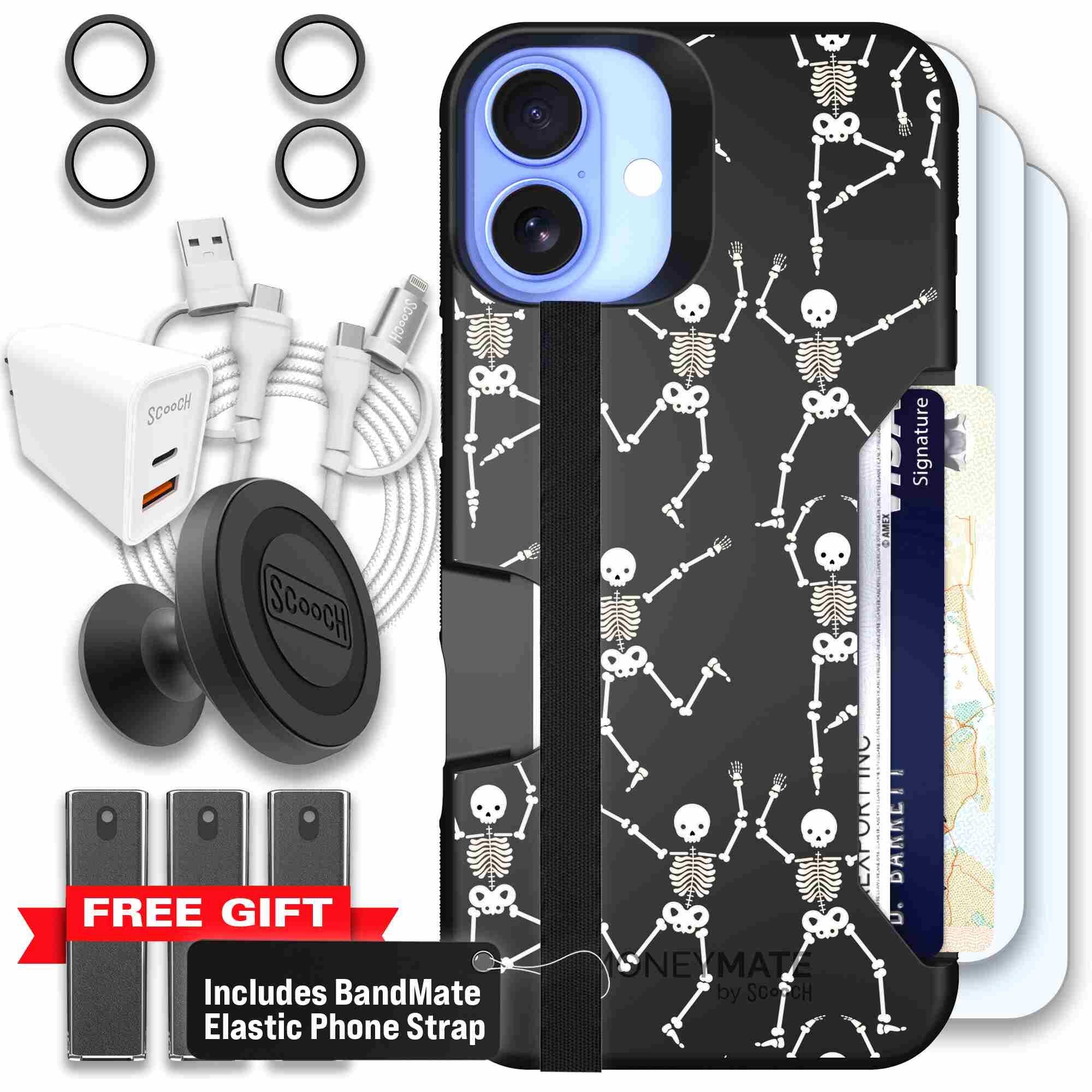 Swinging Skeletons white dancing skeleton pattern on a black Scooch Moneymate case for iPhone 16 Plus - Ultimate Bundle