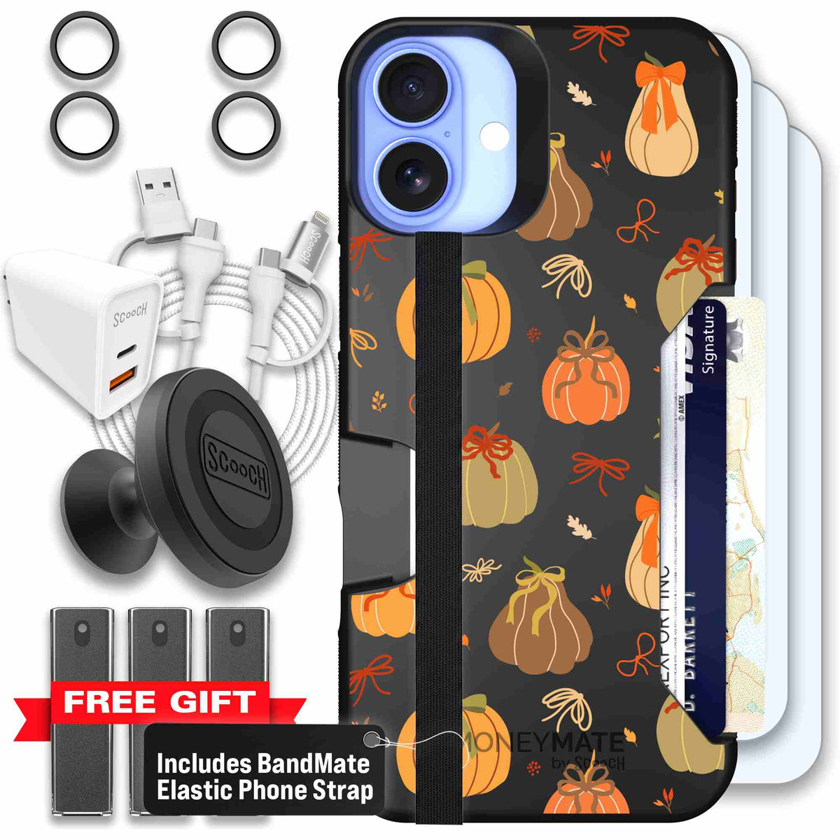 Pretty Pumpkins orange pumpkin and bow pattern on a Scooch Moneymate case for iPhone 16 Plus - Ultimate Bundle