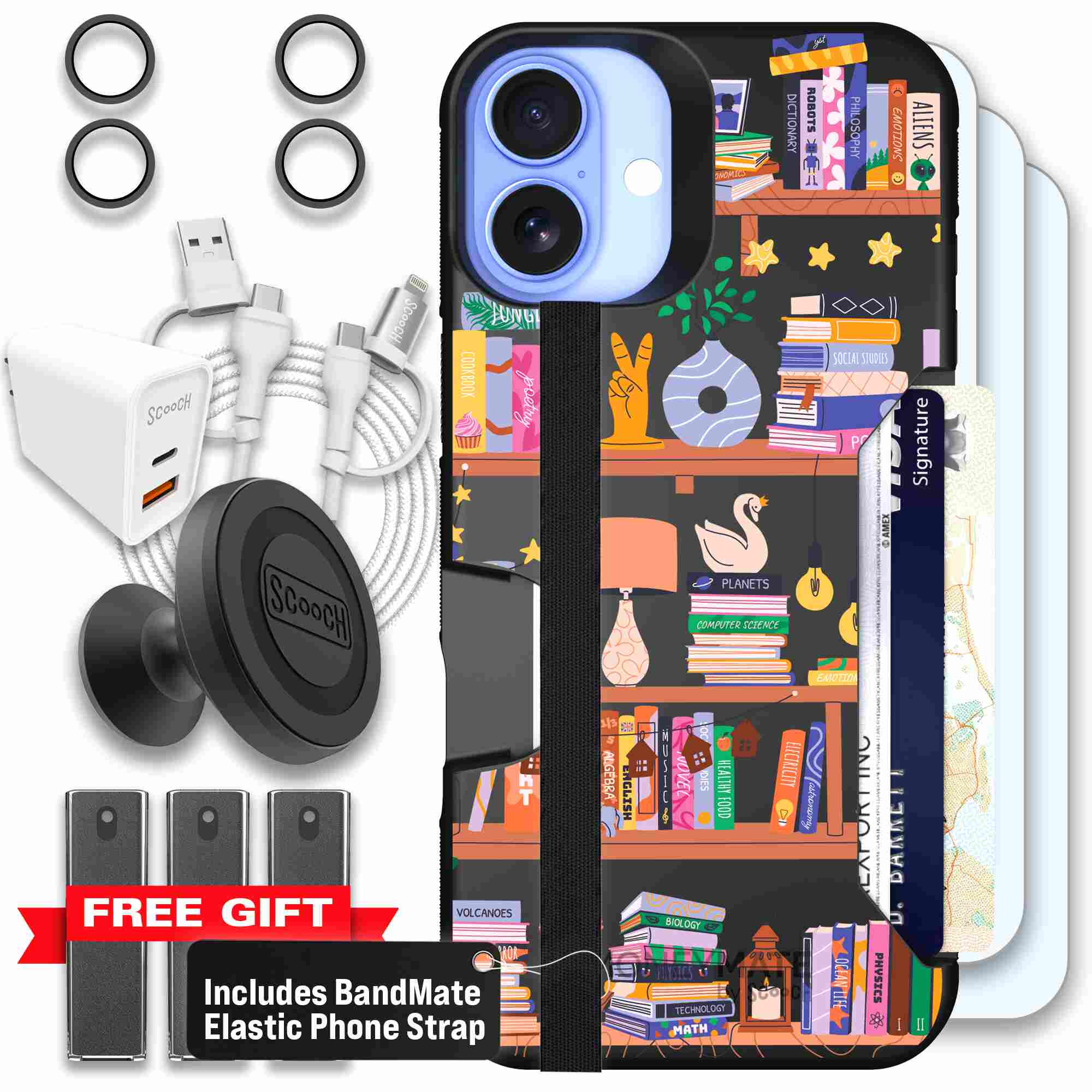 Little Library colorful book and bookshelf pattern on a Scooch Moneymate case for iPhone 16 Plus - Ultimate Bundle