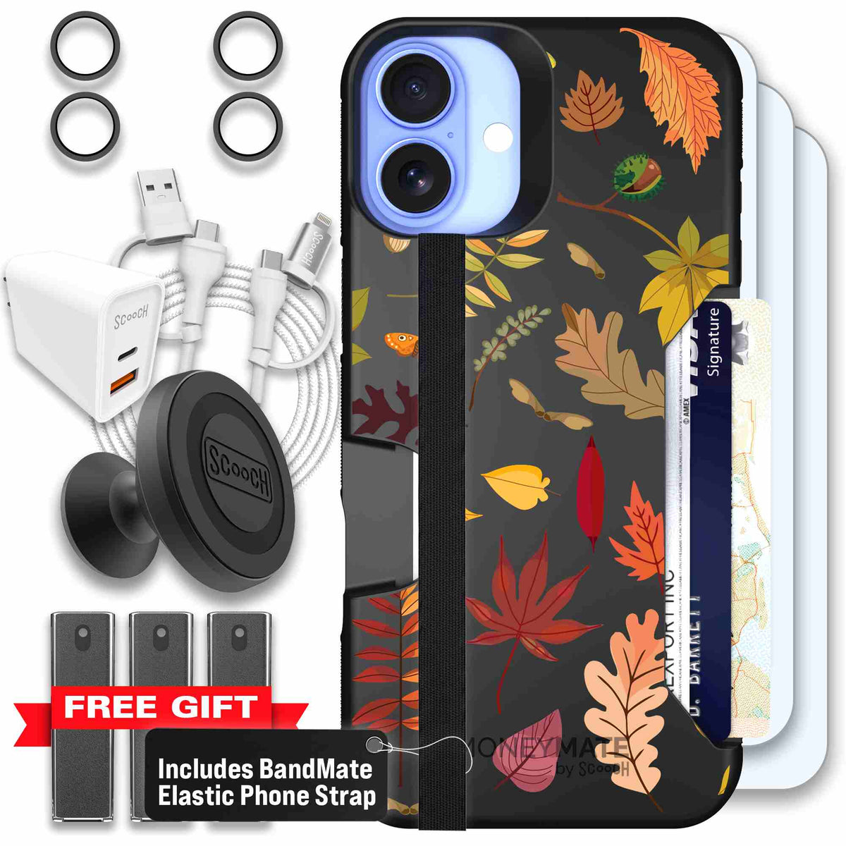 Autumn Leaves multicolored fall foliage pattern on a charcoal Scooch Moneymate case for iPhone 16 Plus - Ultimate Bundle