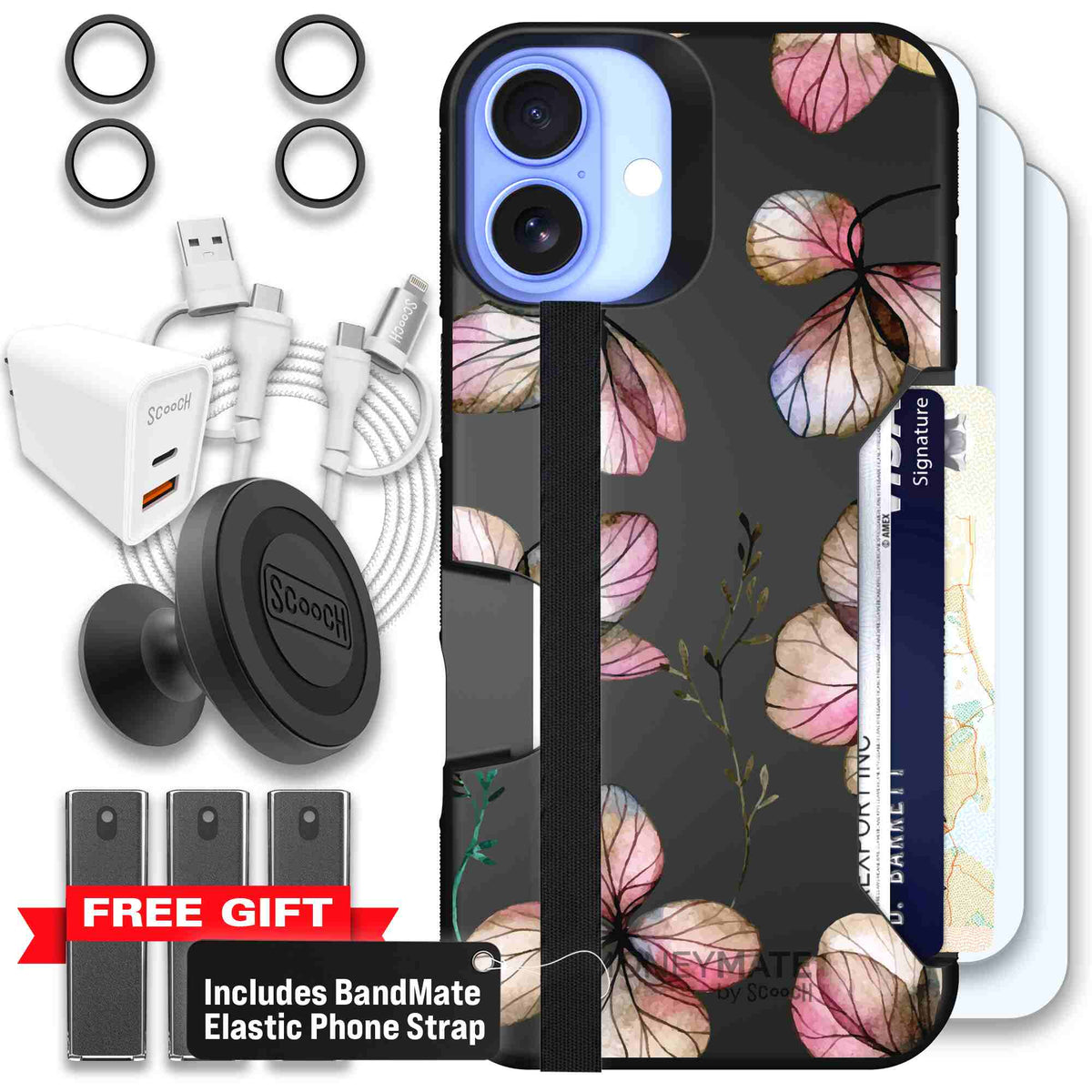Dried Flowers blush mauve and cream floral pattern on a black Scooch Moneymate case for iPhone 16 Plus - Ultimate Bundle