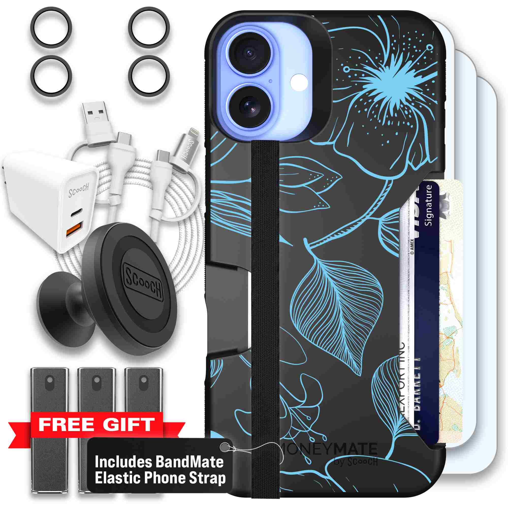 Blue Hibiscus cyan-blue tropical flower pattern on a charcoal Scooch Moneymate case for iPhone 16 Plus - Ultimate Bundle