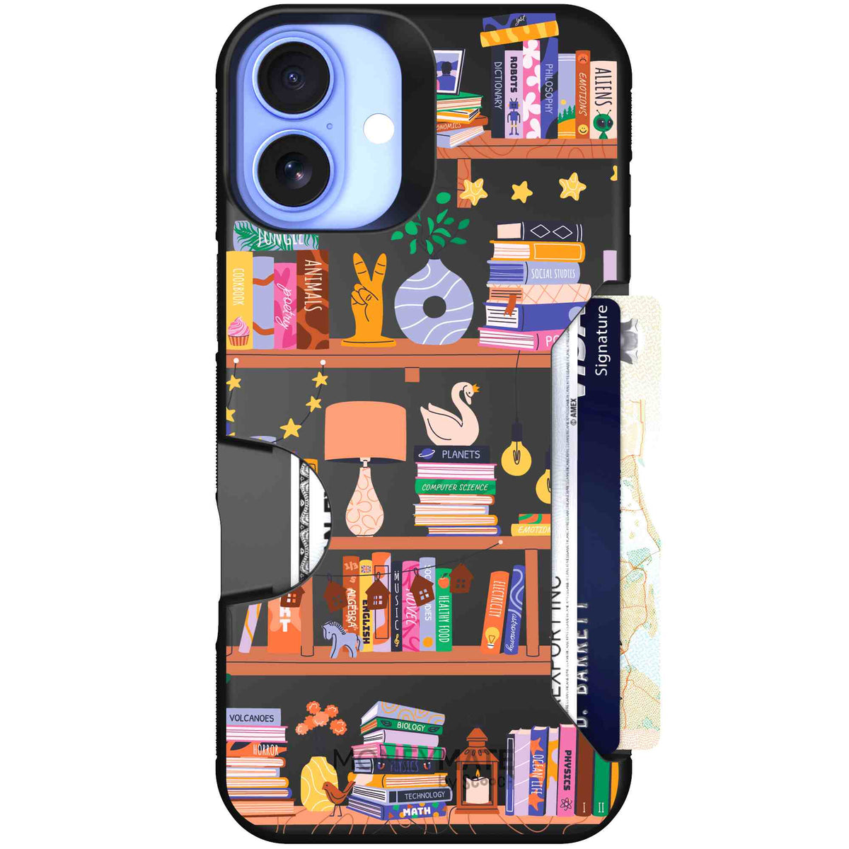 Little Library colorful book and bookshelf pattern on a Scooch Moneymate case for iPhone 16 Plus