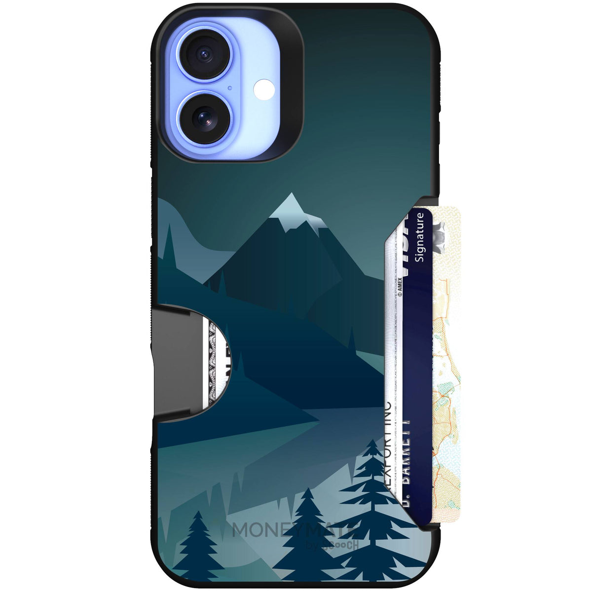 Midnight Ridge layered blue mountains and evergreen trees on a Scooch Moneymate case for iPhone 16 Plus