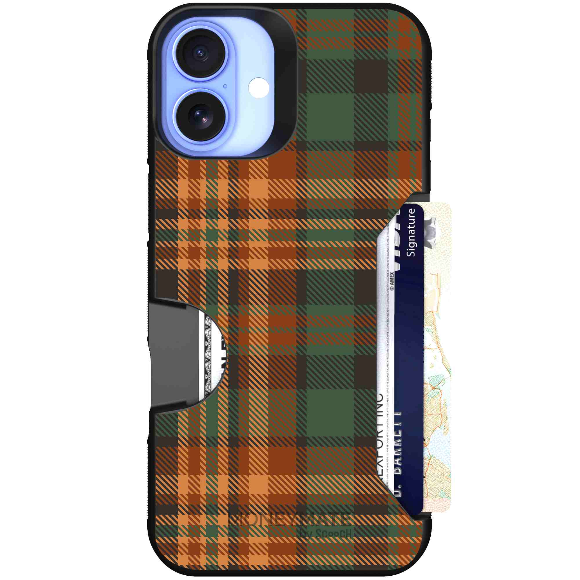 Fall Flannel orange and brown plaid pattern on a Scooch Moneymate case for iPhone 16 Plus