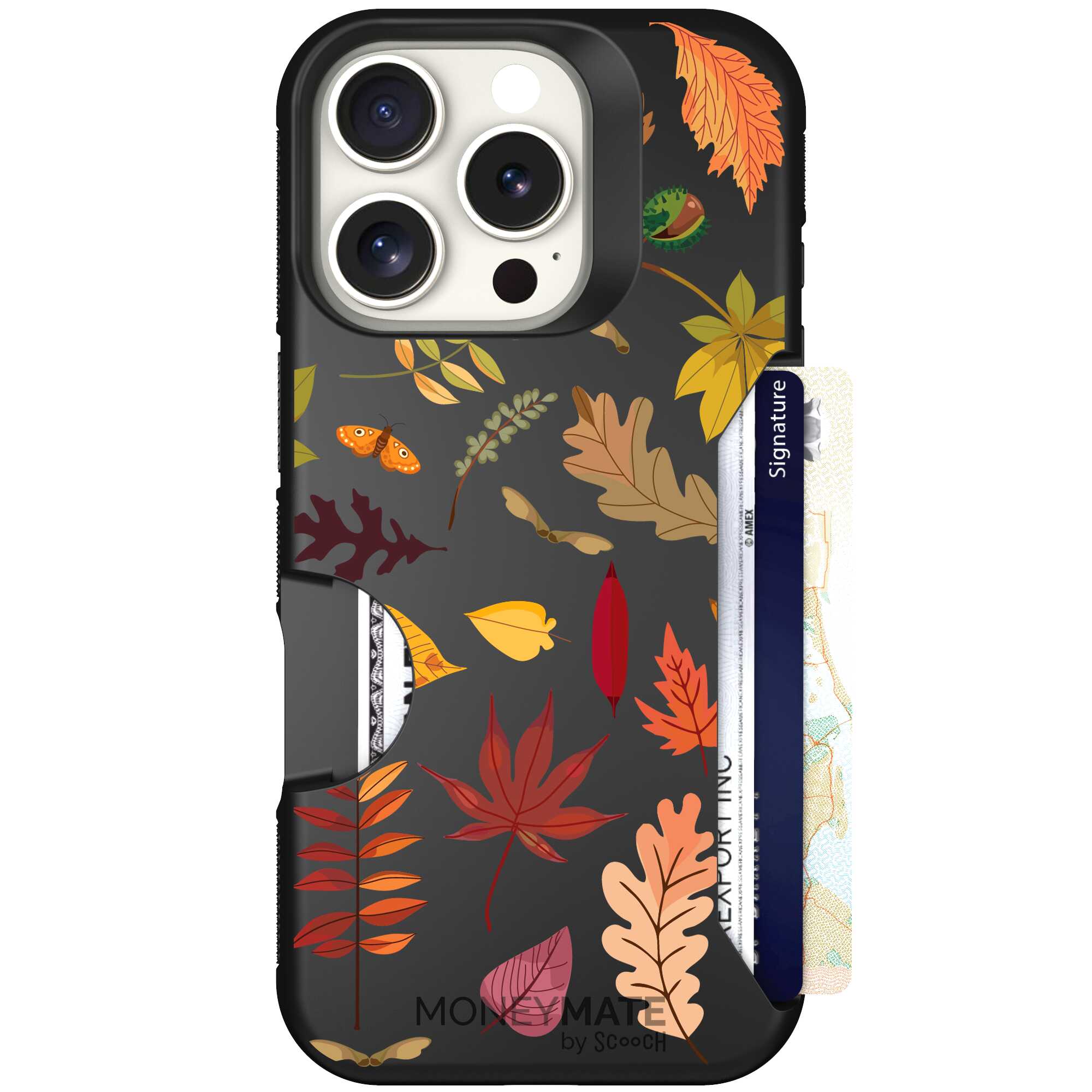 Autumn Leaves multicolored fall foliage pattern on a charcoal Scooch Moneymate case for iPhone 16 Pro