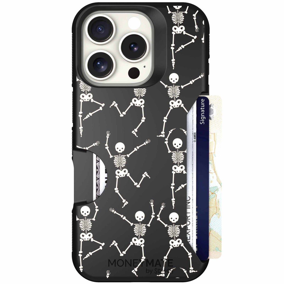 Swinging Skeletons white dancing skeleton pattern on a black Scooch Moneymate case for iPhone 16 Pro