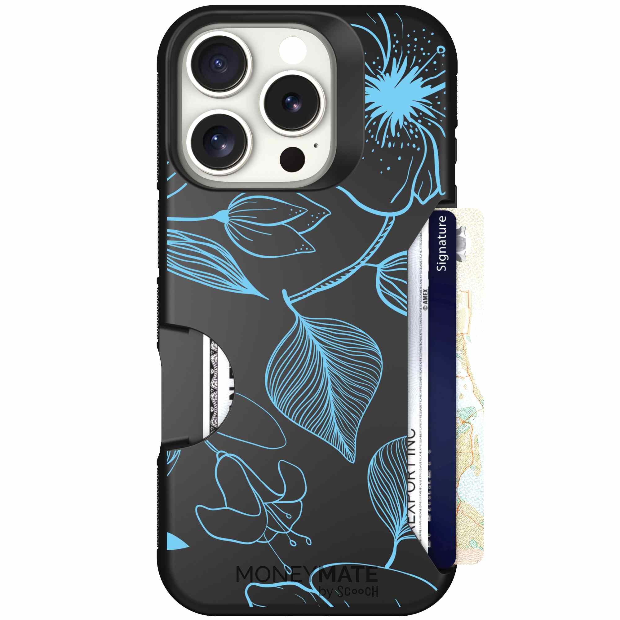 Blue Hibiscus cyan-blue tropical flower pattern on a charcoal Scooch Moneymate case for iPhone 16 Pro