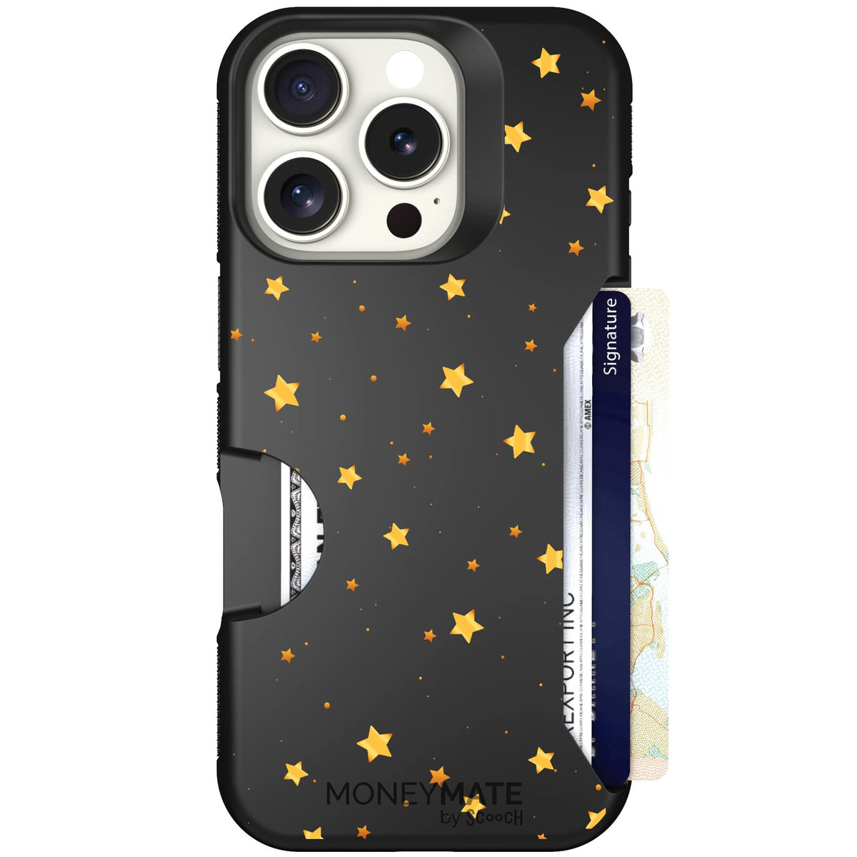 Gold Stars yellow and gold star pattern on a charcoal Scooch Moneymate case for iPhone 16 Pro