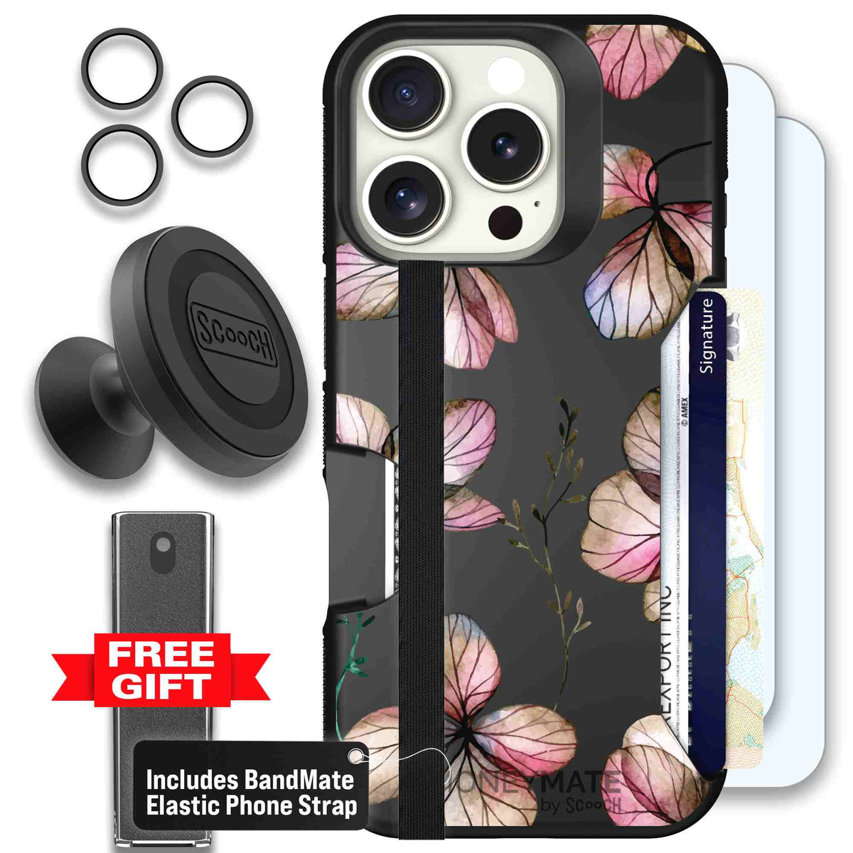 Dried Flowers blush mauve and cream floral pattern on a black Scooch Moneymate case for iPhone 16 Pro - Defender Bundle