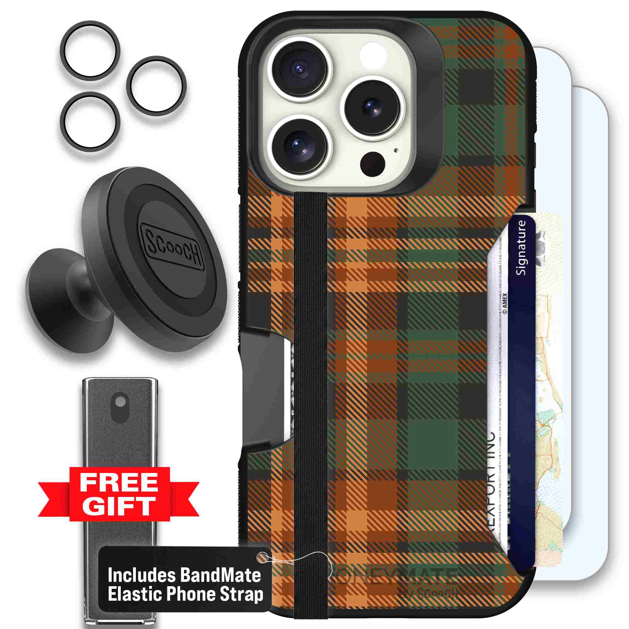 Fall Flannel orange and brown plaid pattern on a Scooch Moneymate case for iPhone 16 Pro - Defender Bundle