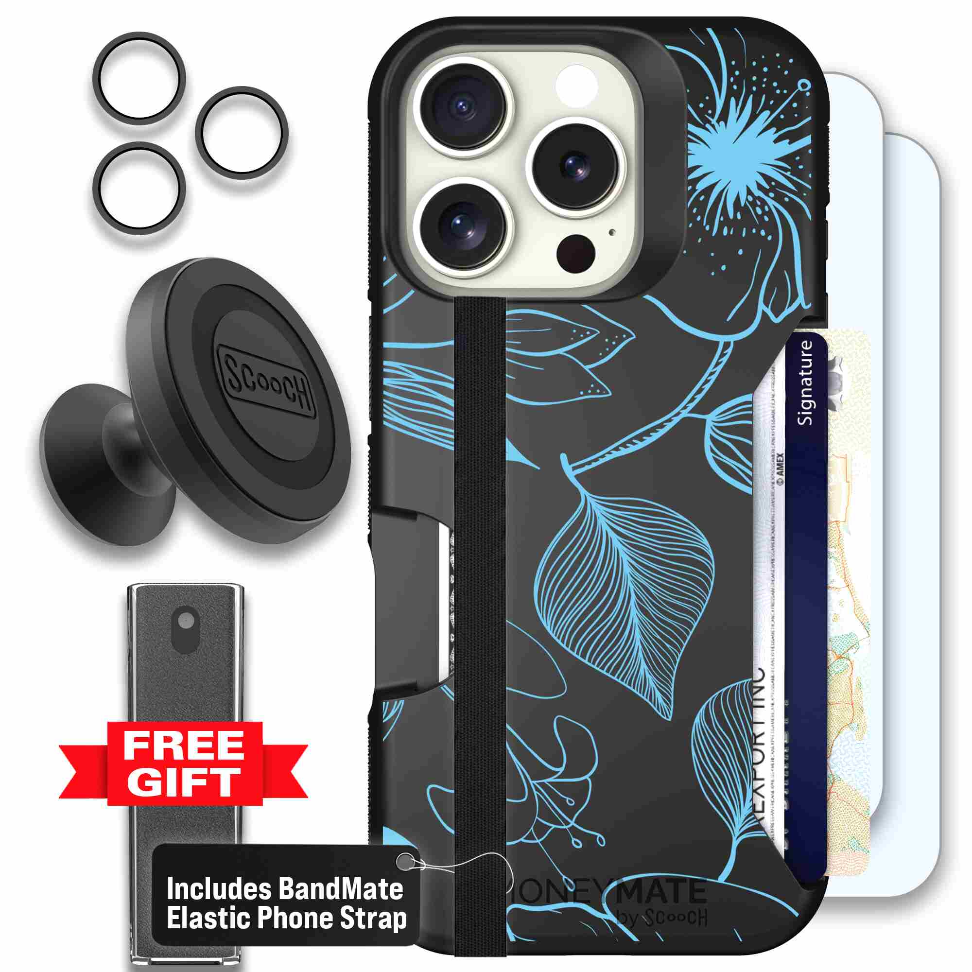 Blue Hibiscus cyan-blue tropical flower pattern on a charcoal Scooch Moneymate case for iPhone 16 Pro - Defender Bundle
