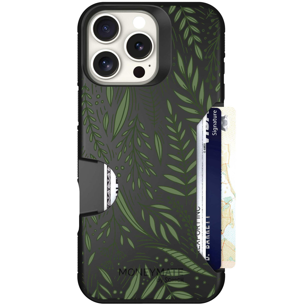 Willow Garden layered green leaves and branches on a charcoal Scooch Moneymate case for iPhone 16 Pro Max
