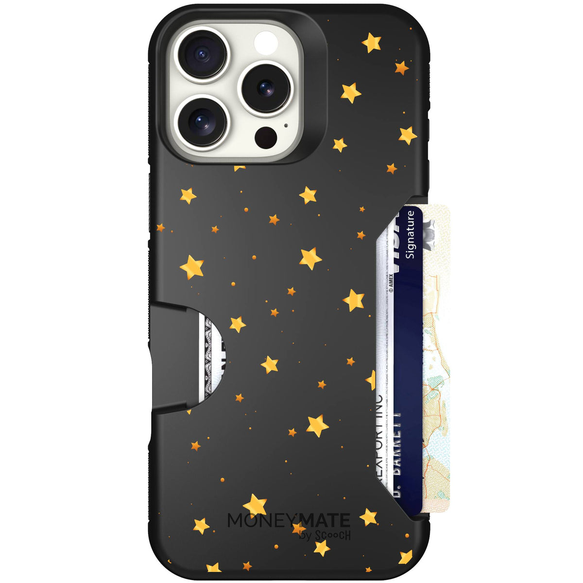 Gold Stars yellow and gold star pattern on a charcoal Scooch Moneymate case for iPhone 16 Pro Max