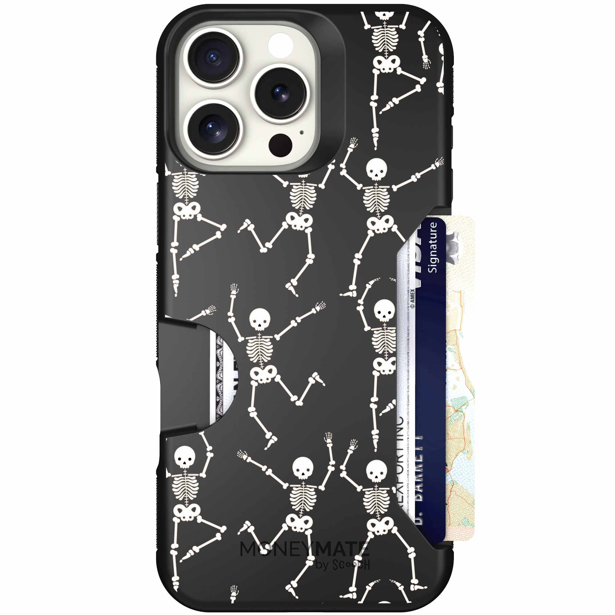 Swinging Skeletons white dancing skeleton pattern on a black Scooch Moneymate case for iPhone 16 Pro Max