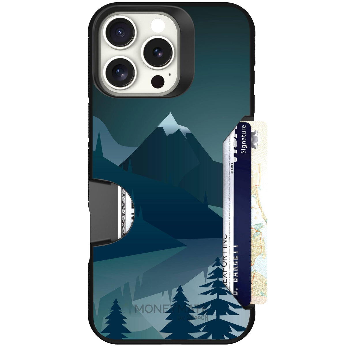 Midnight Ridge layered blue mountains and evergreen trees on a Scooch Moneymate case for iPhone 16 Pro Max