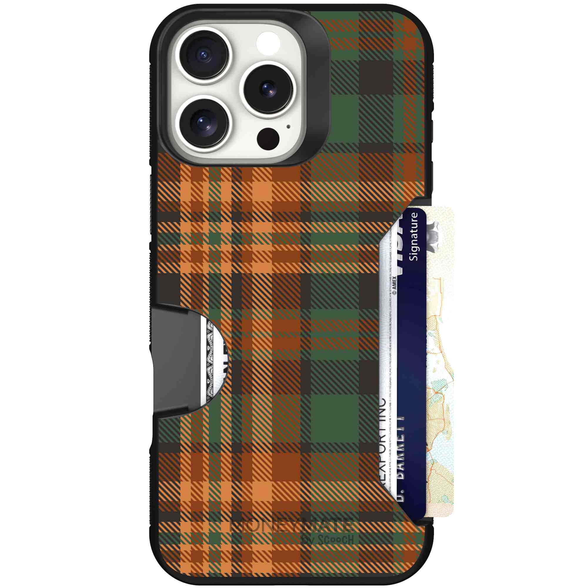 Fall Flannel orange and brown plaid pattern on a Scooch Moneymate case for iPhone 16 Pro Max