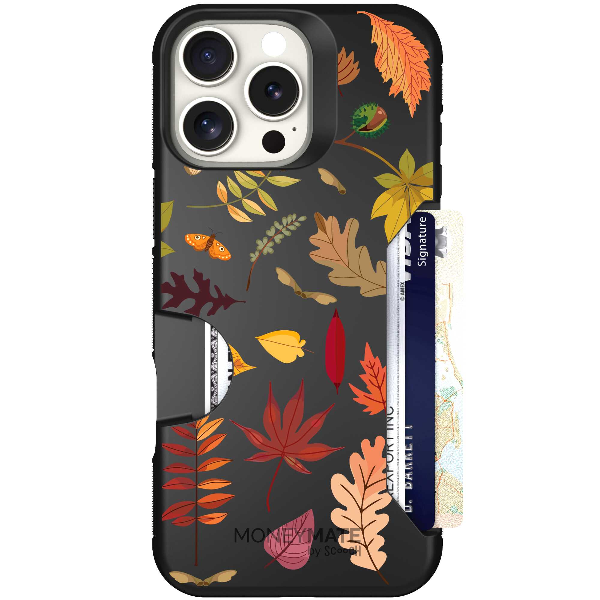 Autumn Leaves multicolored fall foliage pattern on a charcoal Scooch Moneymate case for iPhone 16 Pro Max