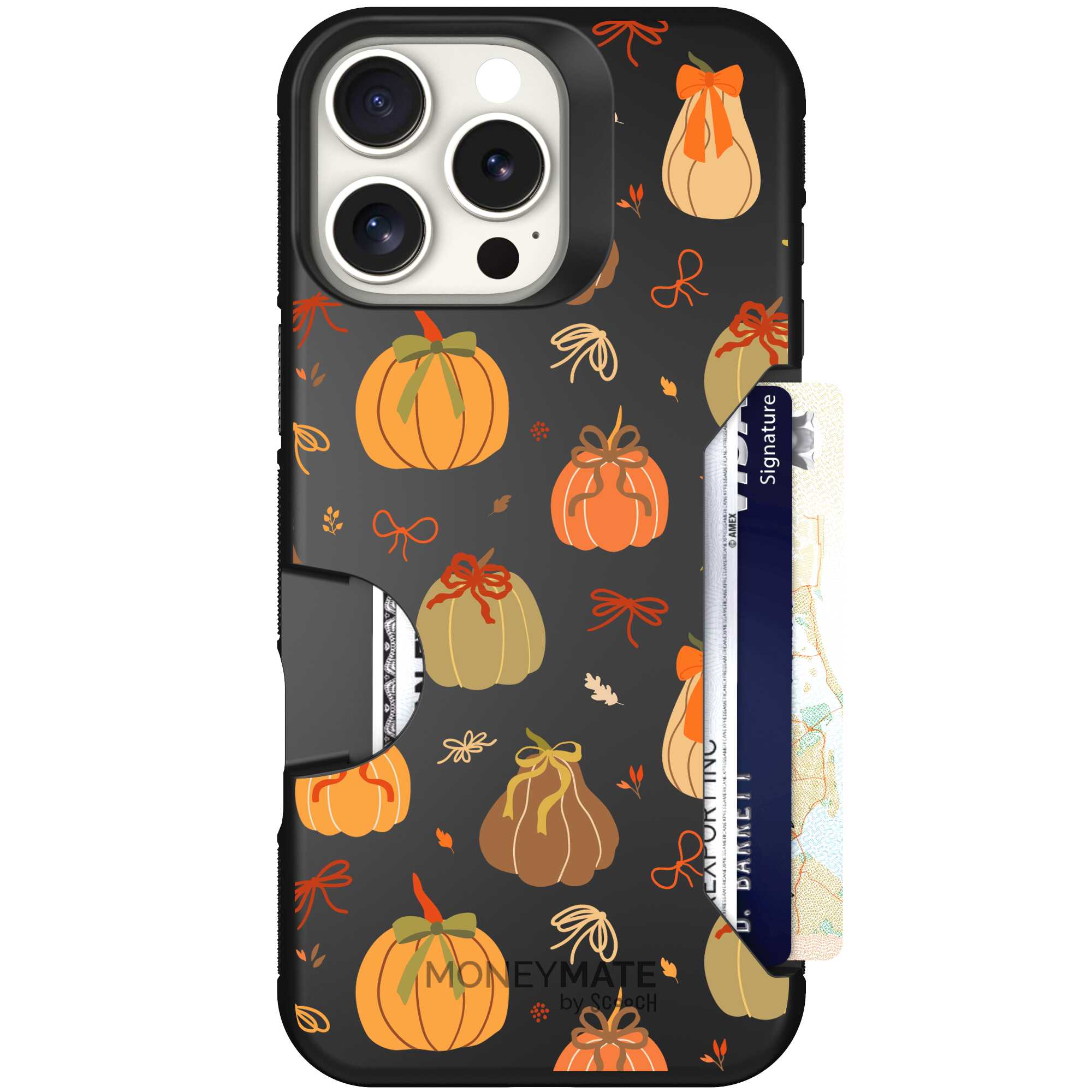 Pretty Pumpkins orange pumpkin and bow pattern on a Scooch Moneymate case for iPhone 16 Pro Max