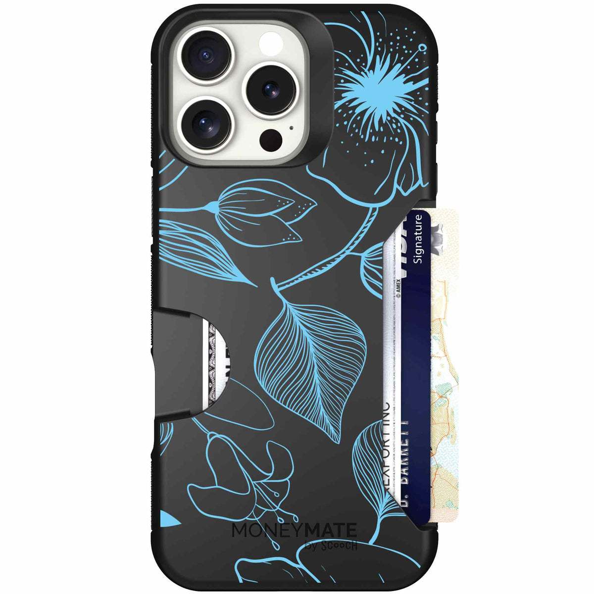 Blue Hibiscus cyan-blue tropical flower pattern on a charcoal Scooch Moneymate case for iPhone 16 Pro Max