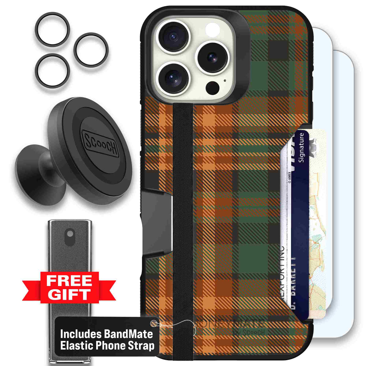 Fall Flannel orange and brown plaid pattern on a Scooch Moneymate case for iPhone 16 Pro Max - Defender Bundle