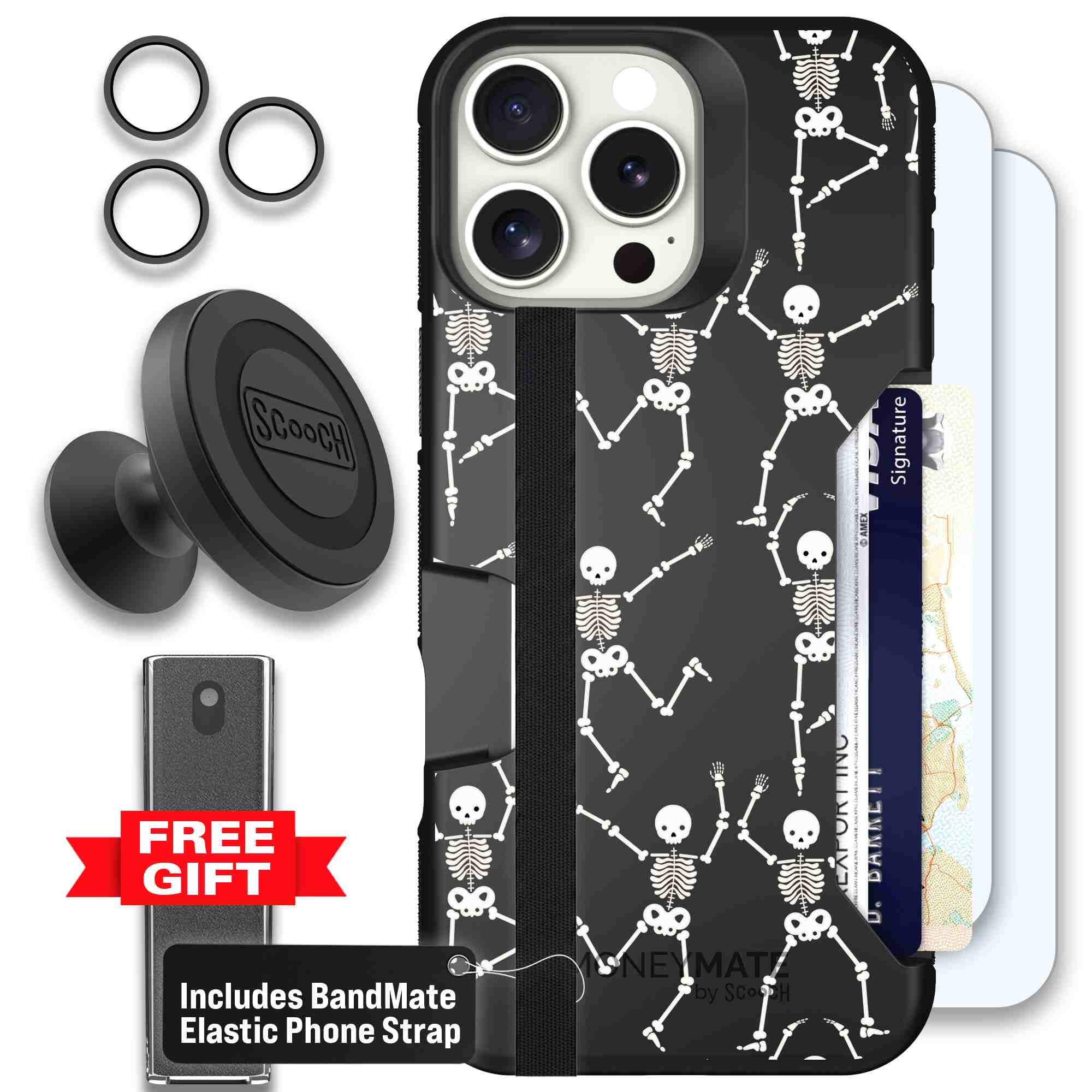 Swinging Skeletons white dancing skeleton pattern on a black Scooch Moneymate case for iPhone 16 Pro Max - Defender Bundle