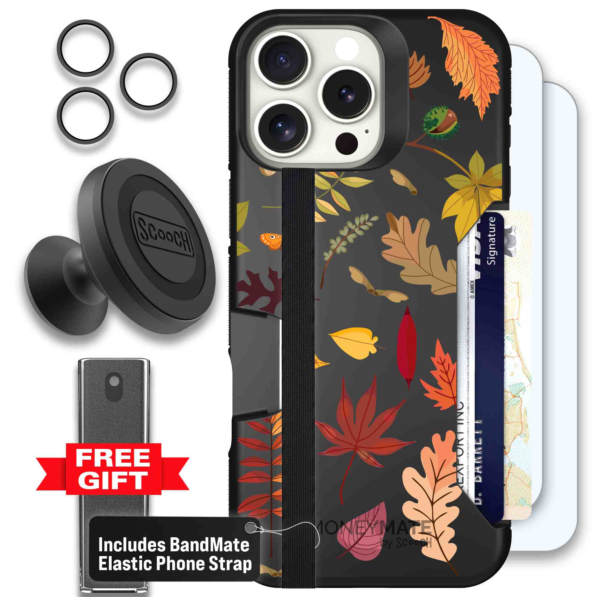 Autumn Leaves multicolored fall foliage pattern on a charcoal Scooch Moneymate case for iPhone 16 Pro Max - Defender Bundle