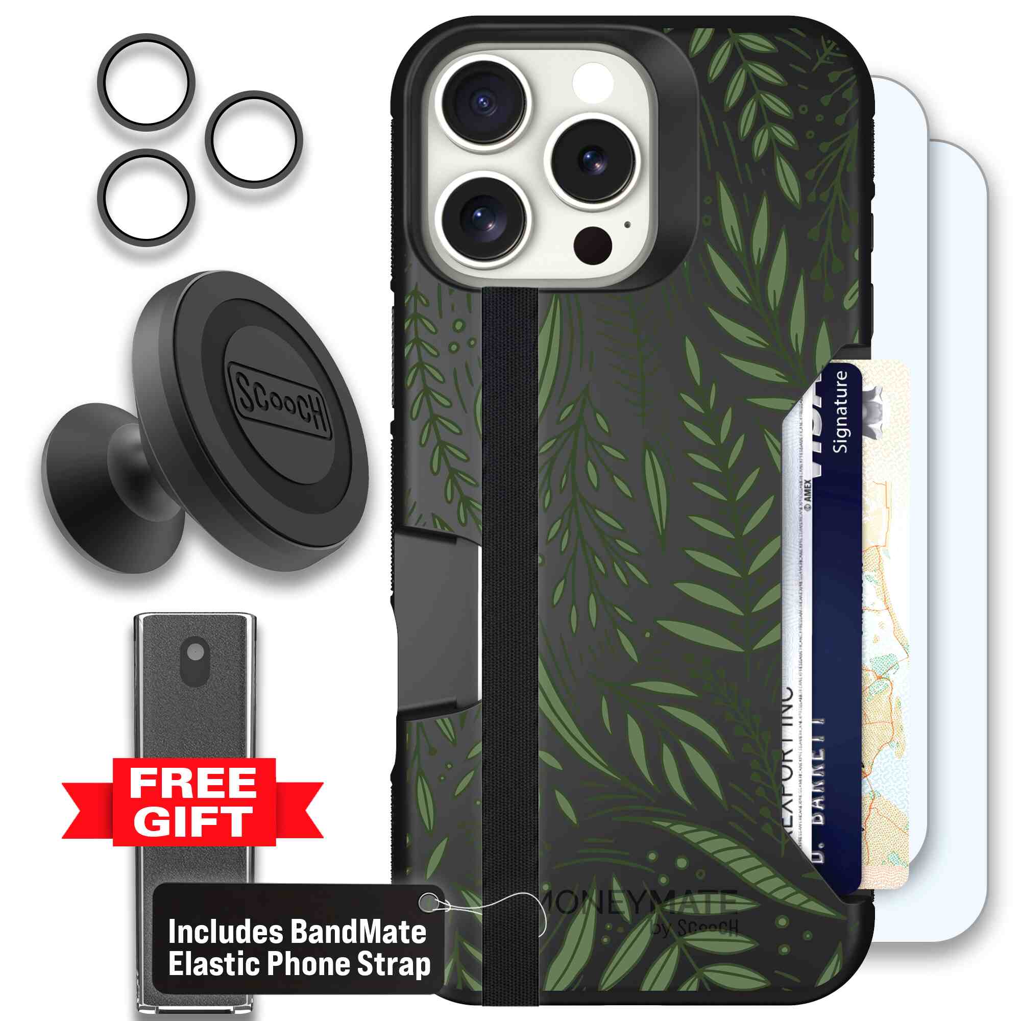 Willow Garden layered green leaves and branches on a charcoal Scooch Moneymate case for iPhone 16 Pro Max - Defender Bundle