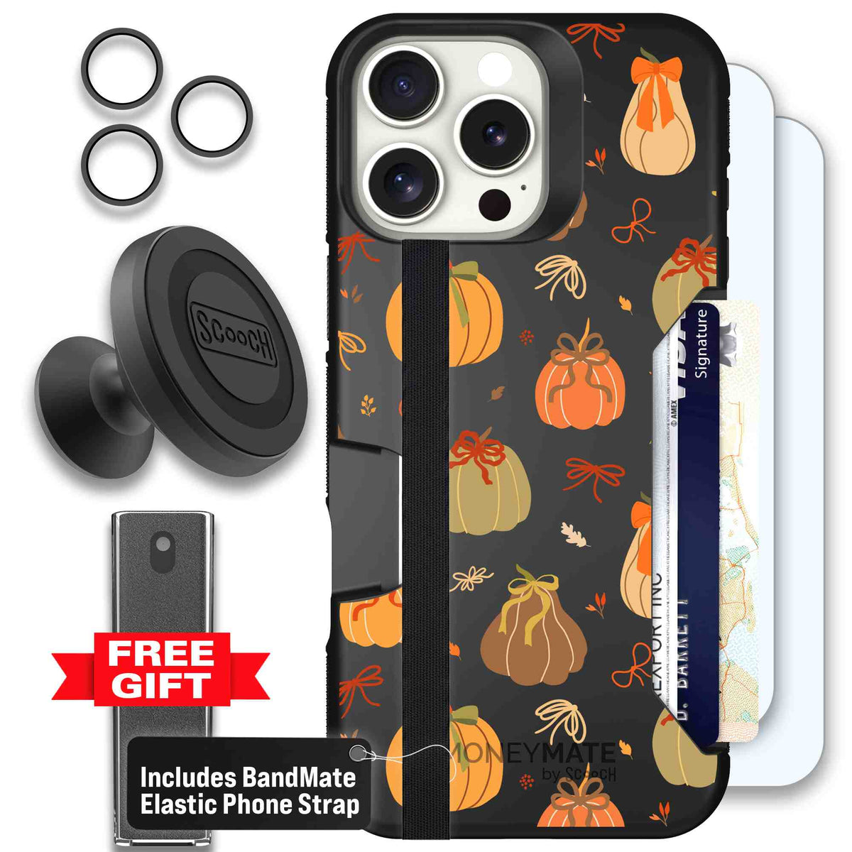 Pretty Pumpkins orange pumpkin and bow pattern on a Scooch Moneymate case for iPhone 16 Pro Max - Defender Bundle