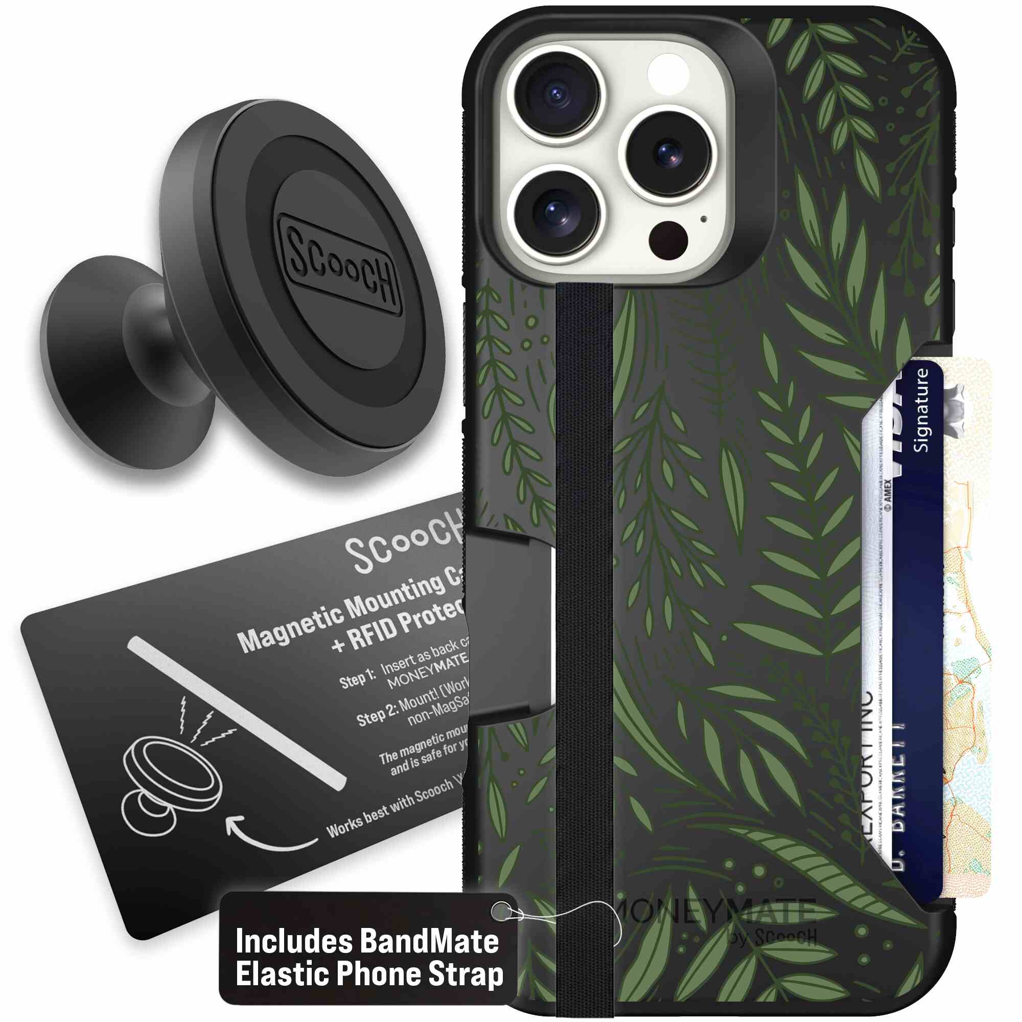 Willow Garden layered green leaves and branches on a charcoal Scooch Moneymate case for iPhone 16 Pro Max - Starter Bundle
