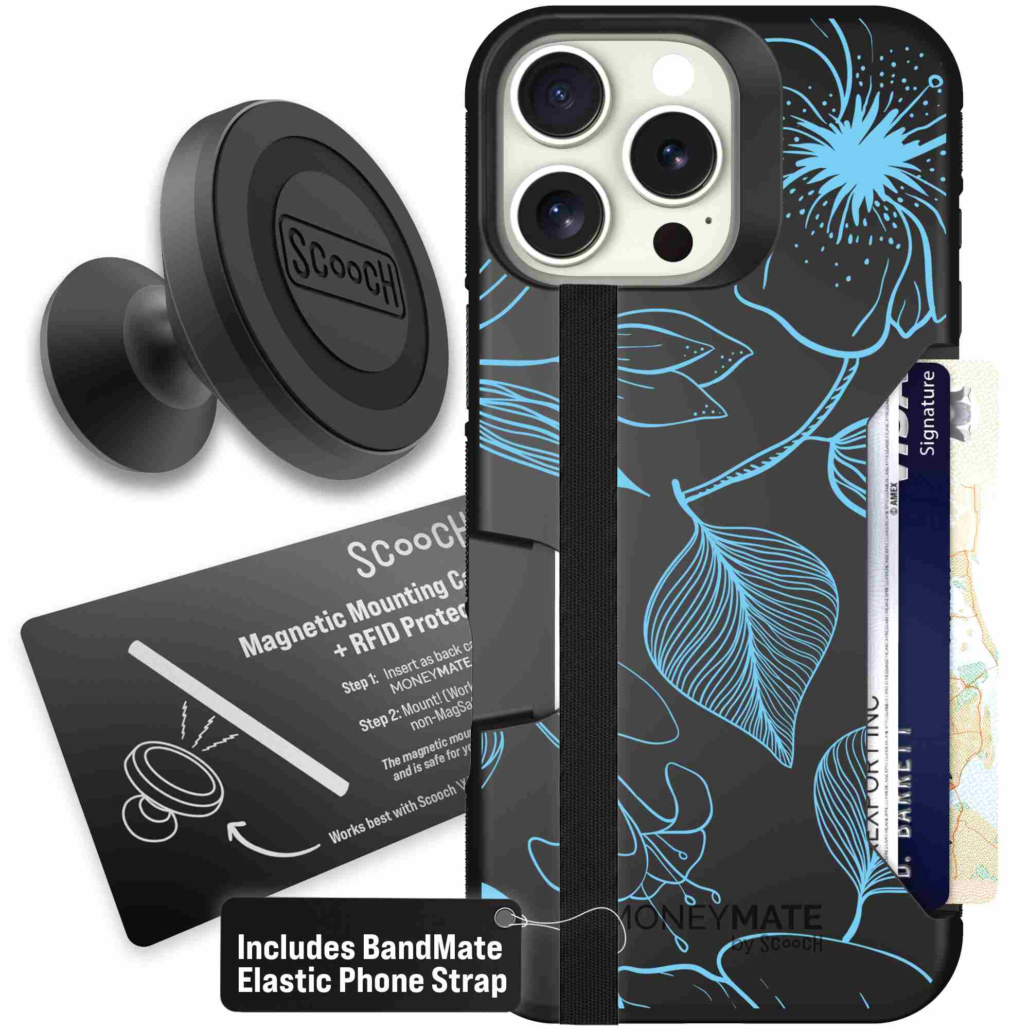 Blue Hibiscus cyan-blue tropical flower pattern on a charcoal Scooch Moneymate case for iPhone 16 Pro Max - Starter Bundle