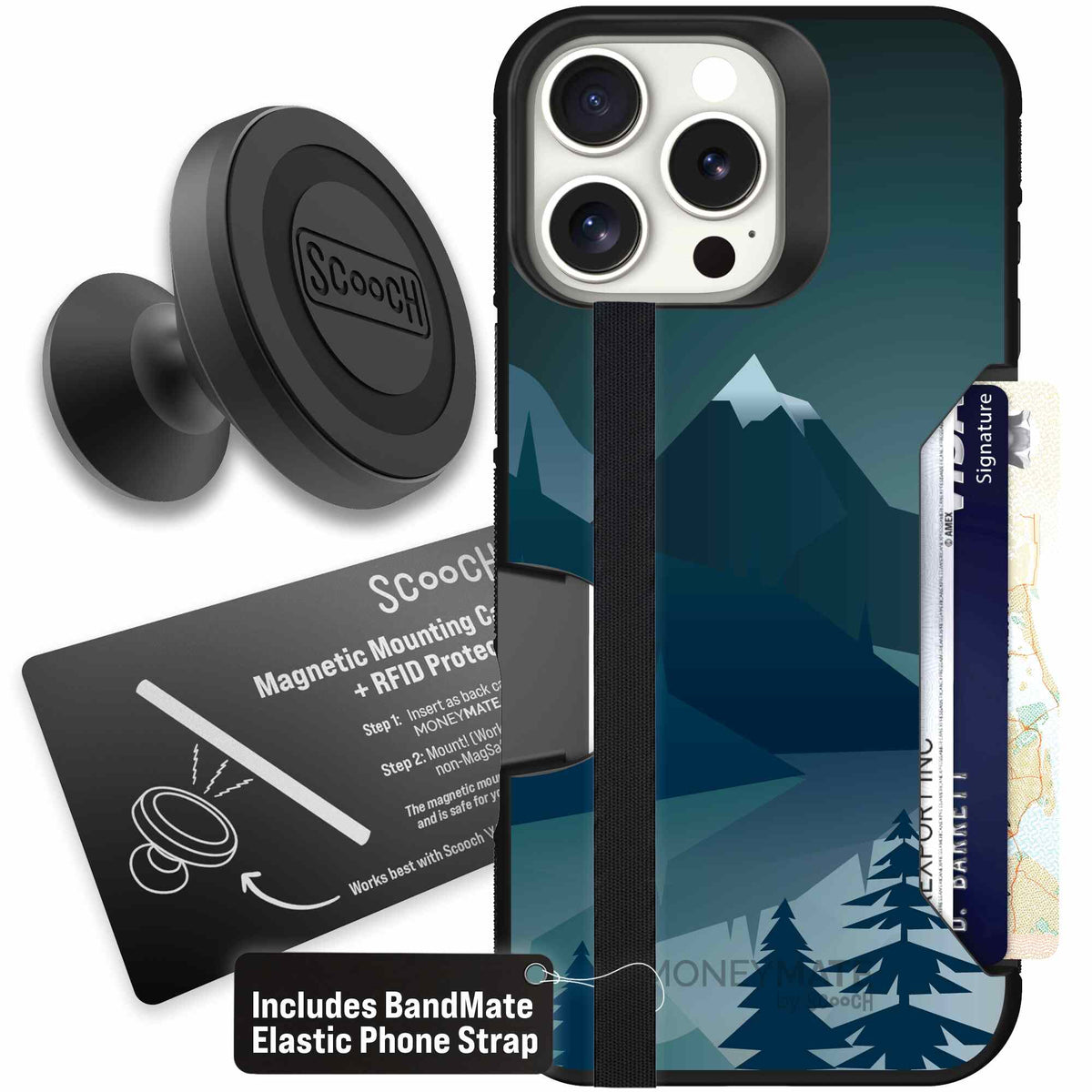 Midnight Ridge layered blue mountains and evergreen trees on a Scooch Moneymate case for iPhone 16 Pro Max - Starter Bundle