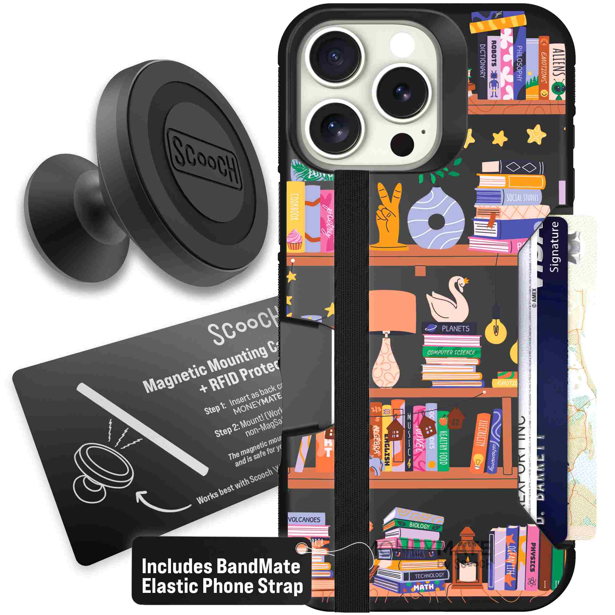 Little Library colorful book and bookshelf pattern on a Scooch Moneymate case for iPhone 16 Pro Max - Starter Bundle