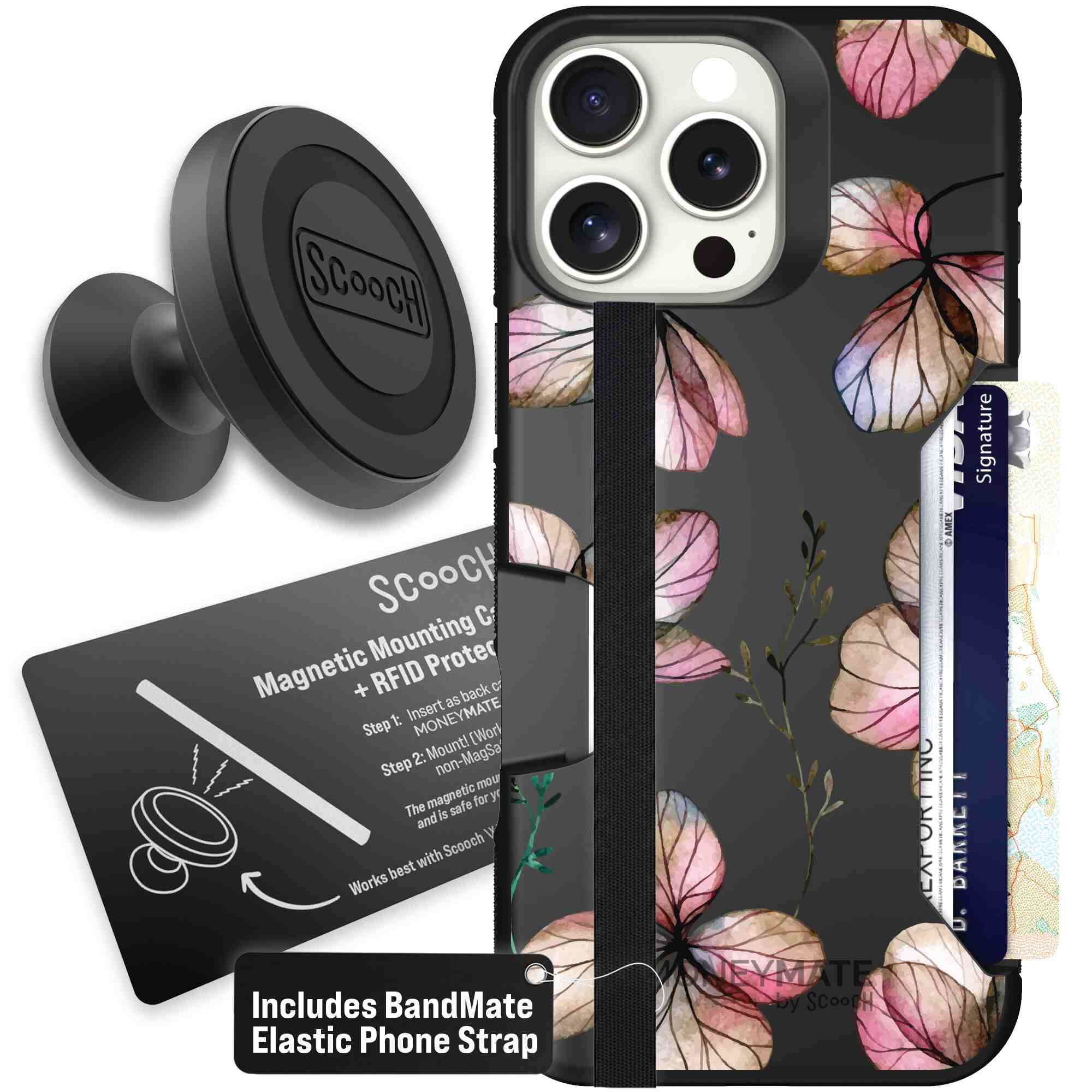 Dried Flowers blush mauve and cream floral pattern on a black Scooch Moneymate case for iPhone 16 Pro Max - Starter Bundle