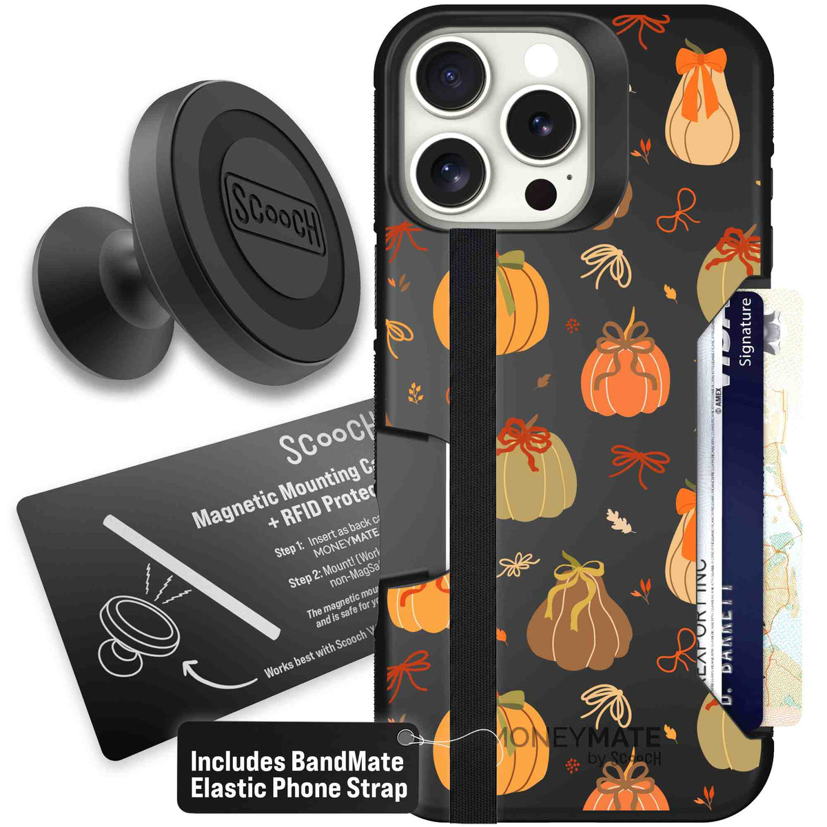 Pretty Pumpkins orange pumpkin and bow pattern on a Scooch Moneymate case for iPhone 16 Pro Max - Starter Bundle