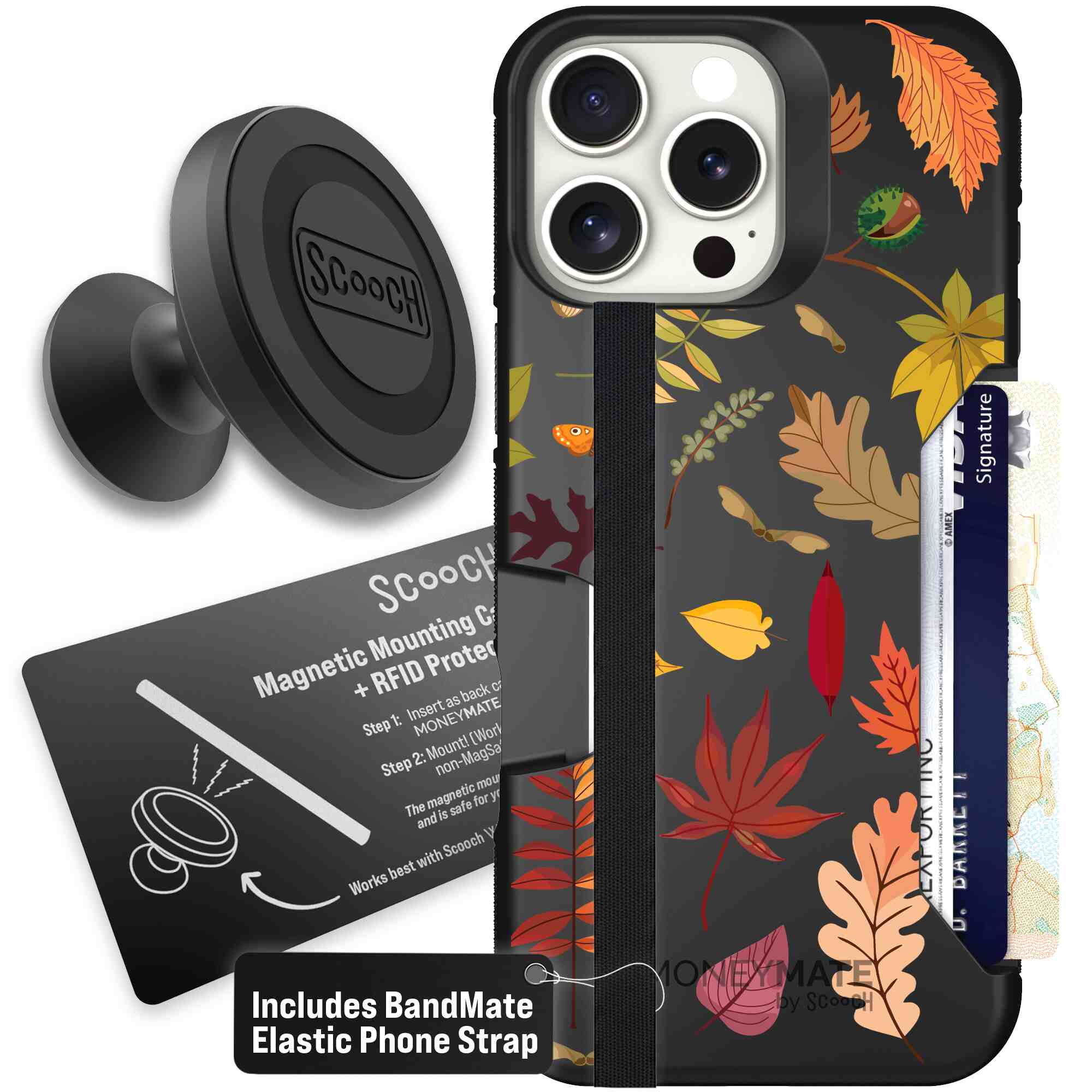 Autumn Leaves multicolored fall foliage pattern on a charcoal Scooch Moneymate case for iPhone 16 Pro Max - Starter Bundle