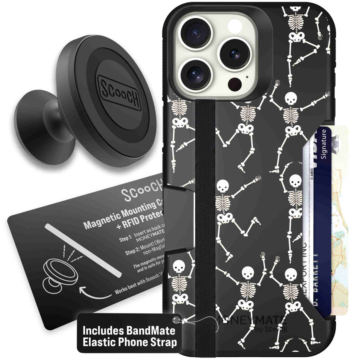 Swinging Skeletons white dancing skeleton pattern on a black Scooch Moneymate case for iPhone 16 Pro Max - Starter Bundle