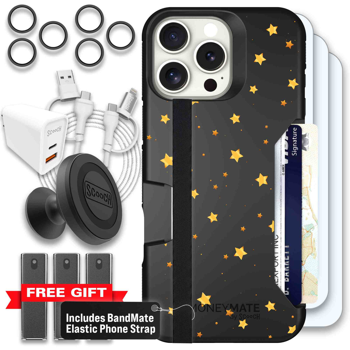 Gold Stars yellow and gold star pattern on a charcoal Scooch Moneymate case for iPhone 16 Pro Max - Ultimate Bundle