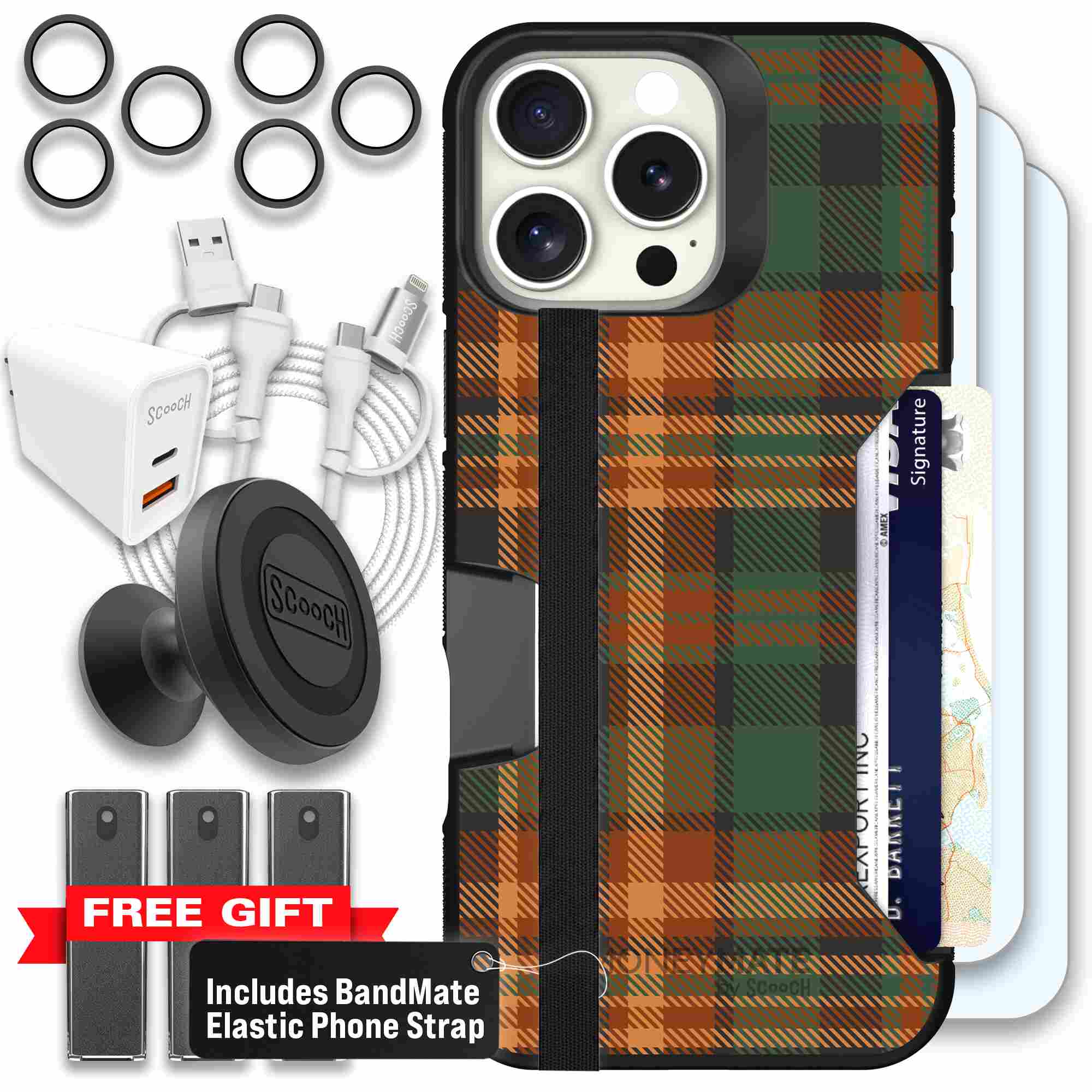 Fall Flannel orange and brown plaid pattern on a Scooch Moneymate case for iPhone 16 Pro Max - Ultimate Bundle