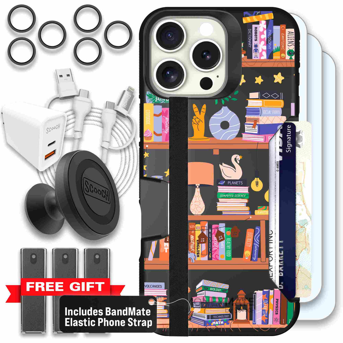Little Library colorful book and bookshelf pattern on a Scooch Moneymate case for iPhone 16 Pro Max - Ultimate Bundle