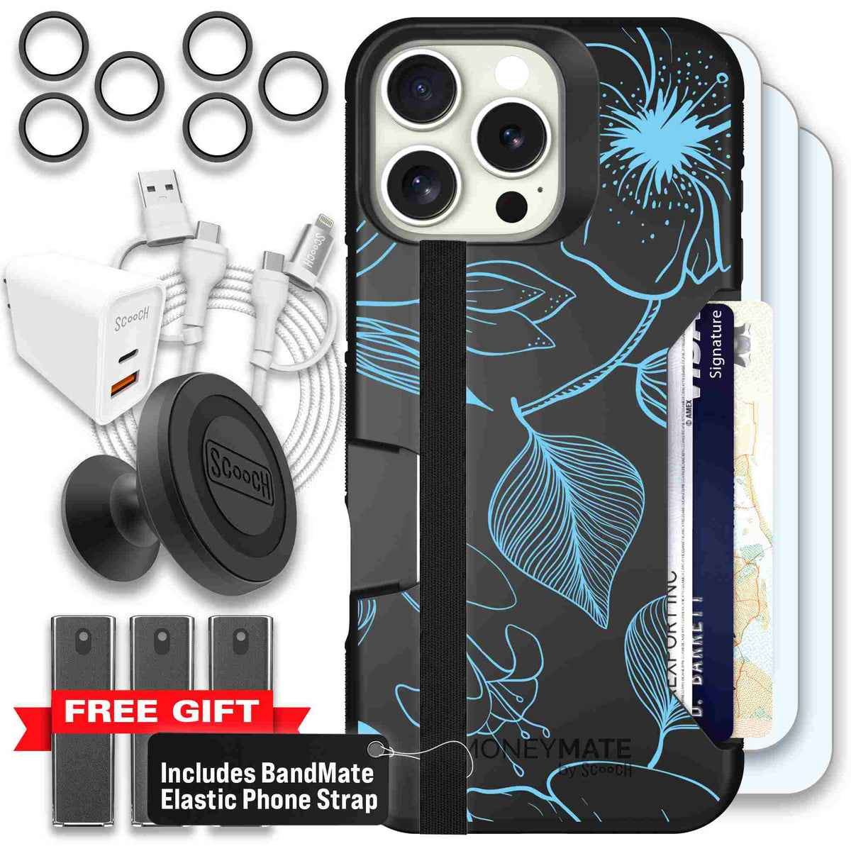 Blue Hibiscus cyan-blue tropical flower pattern on a charcoal Scooch Moneymate case for iPhone 16 Pro Max - Ultimate Bundle