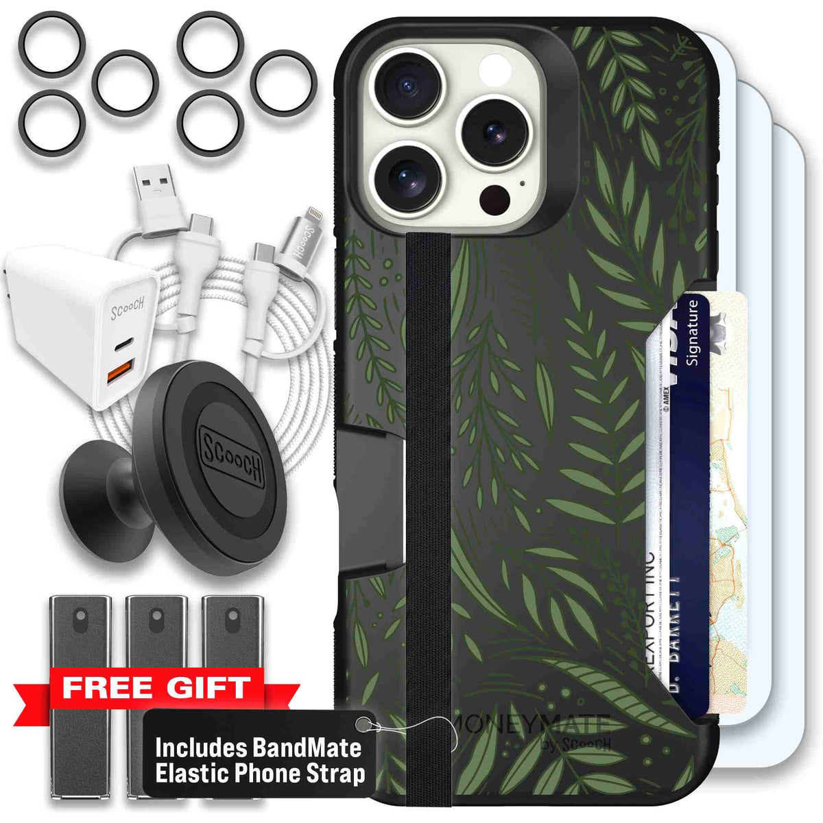 Willow Garden layered green leaves and branches on a charcoal Scooch Moneymate case for iPhone 16 Pro Max - Ultimate Bundle