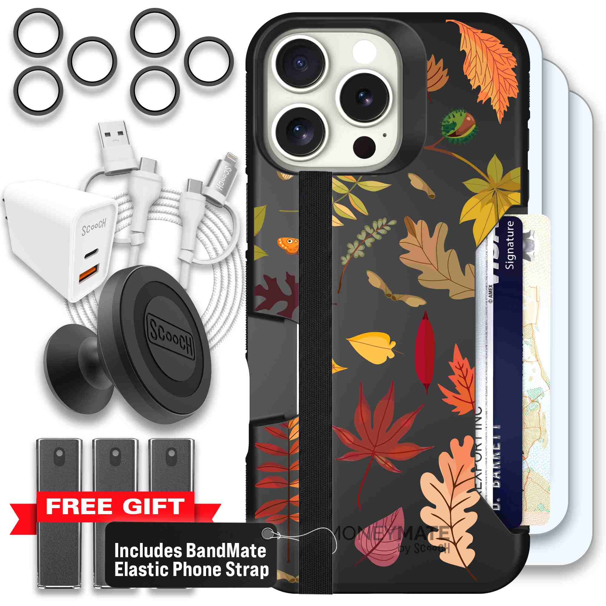 Autumn Leaves multicolored fall foliage pattern on a charcoal Scooch Moneymate case for iPhone 16 Pro Max - Ultimate Bundle