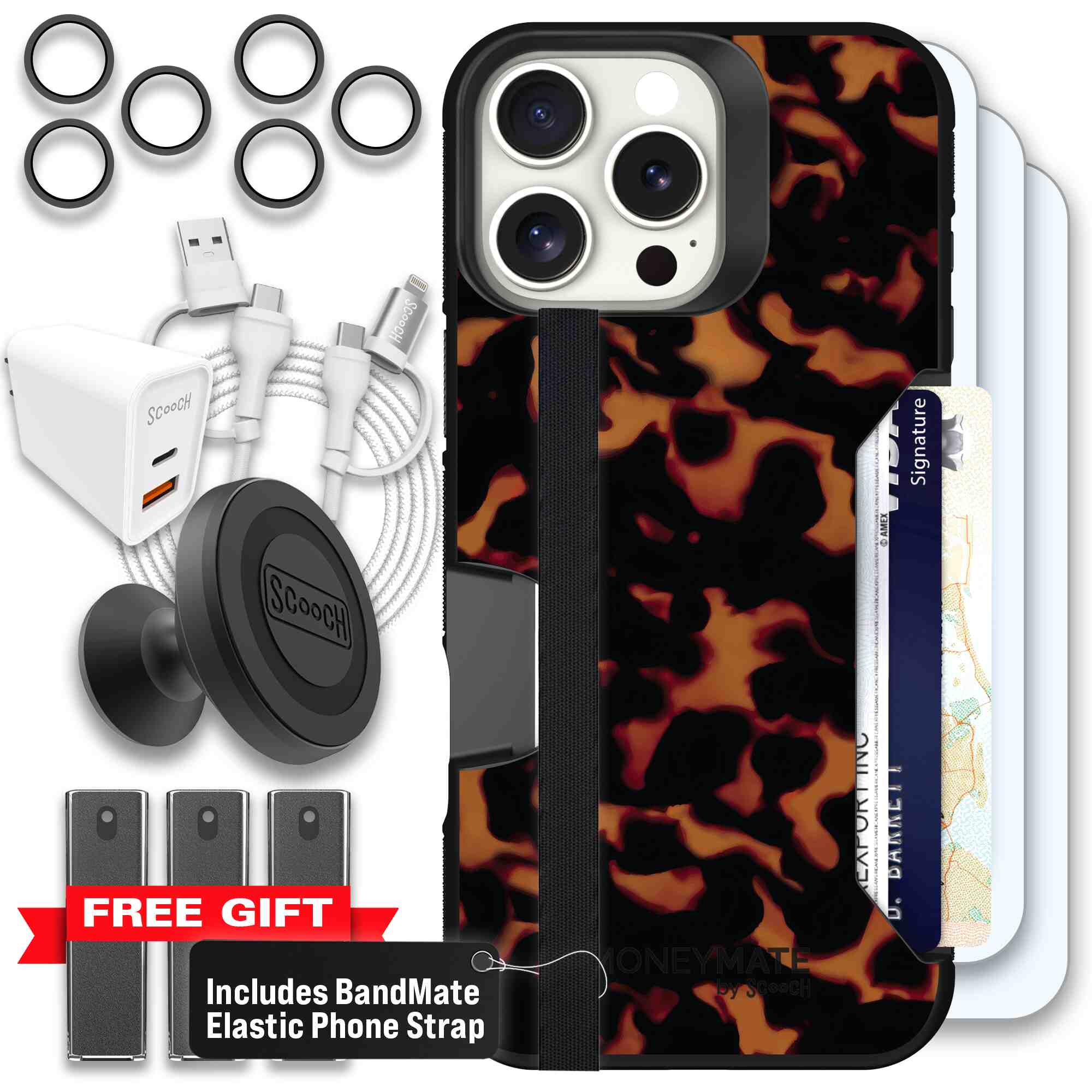 Tortoise Shell amber brown and black mottled pattern on a Scooch Moneymate case for iPhone 16 Pro Max - Ultimate Bundle