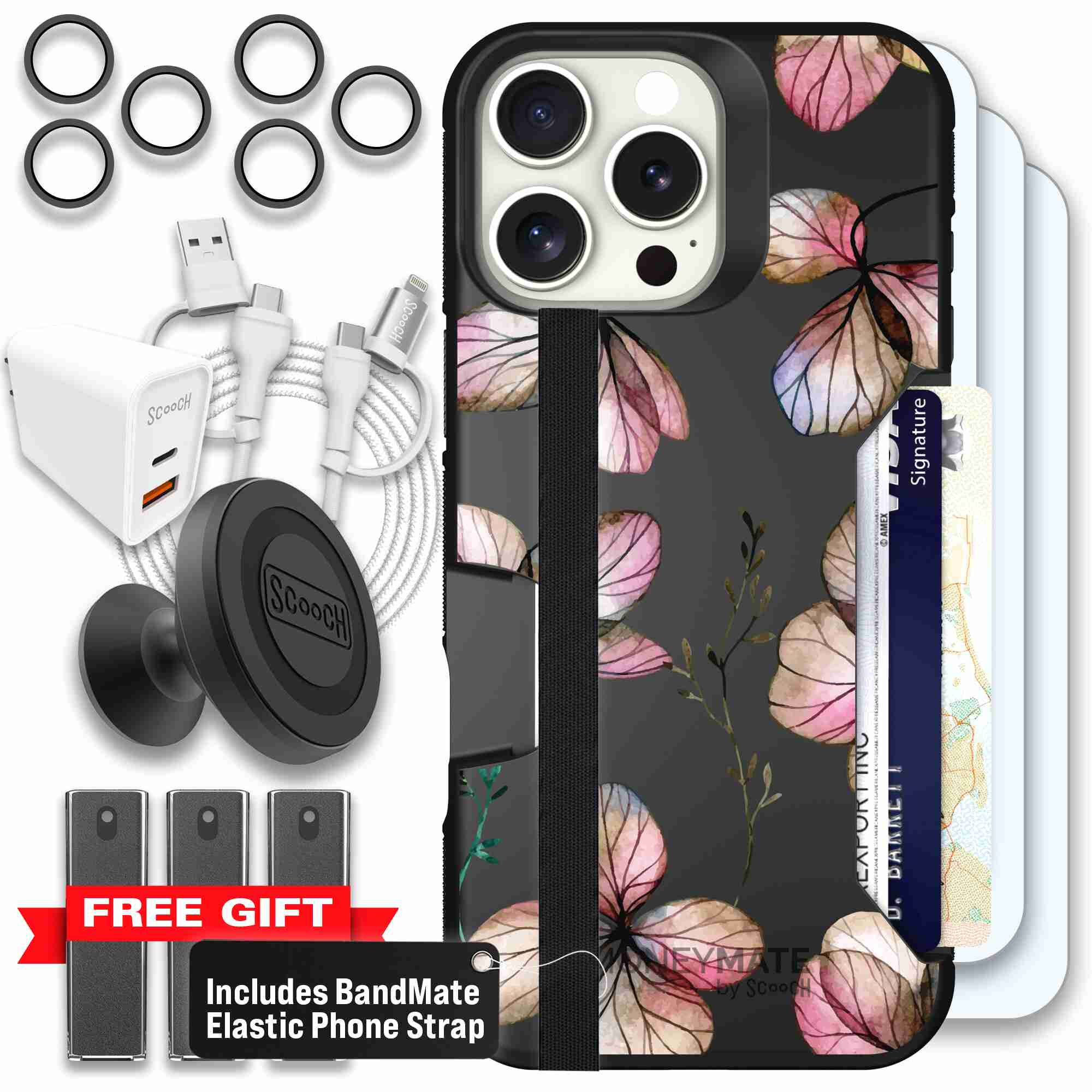 Dried Flowers blush mauve and cream floral pattern on a black Scooch Moneymate case for iPhone 16 Pro Max - Ultimate Bundle
