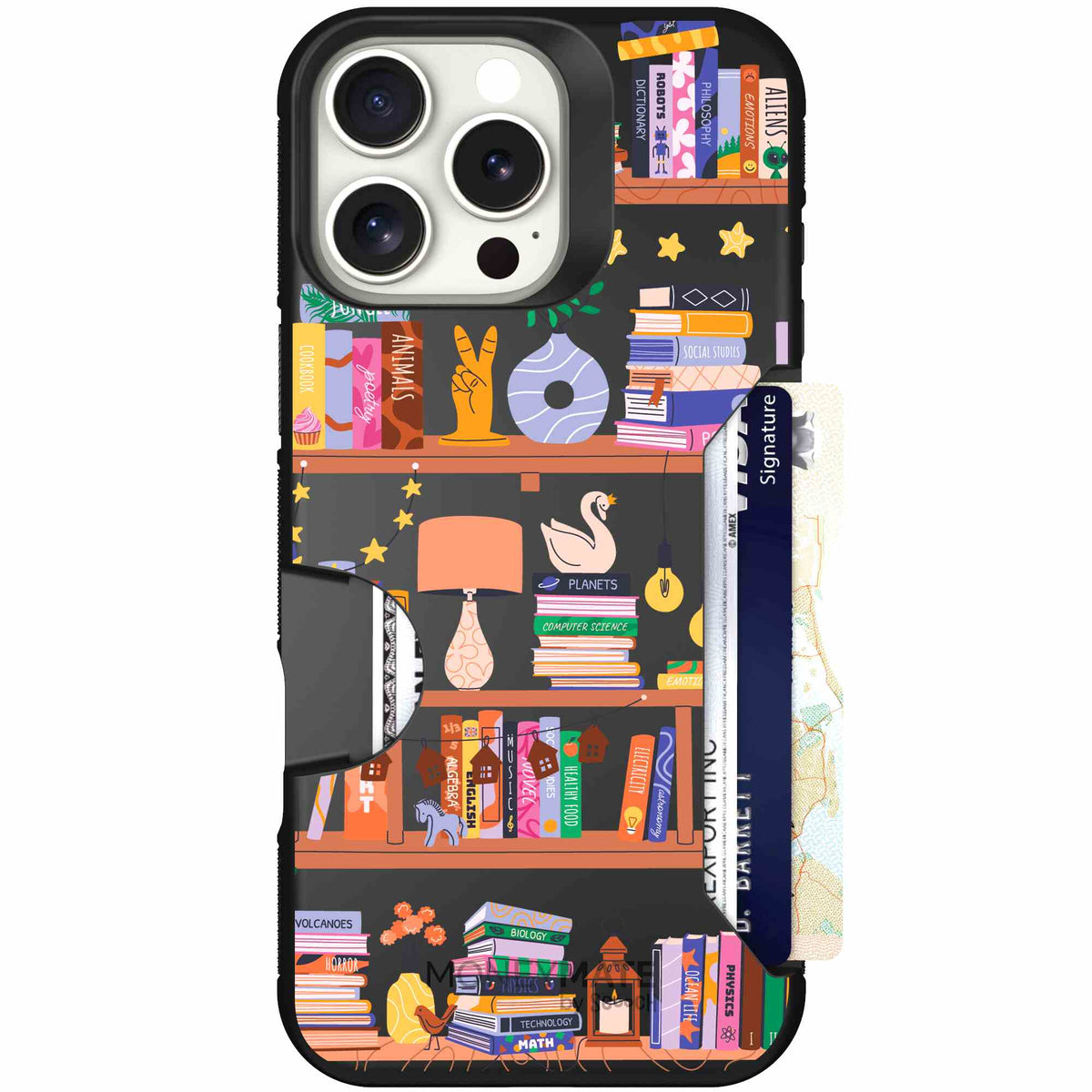 Little Library colorful book and bookshelf pattern on a Scooch Moneymate case for iPhone 16 Pro Max