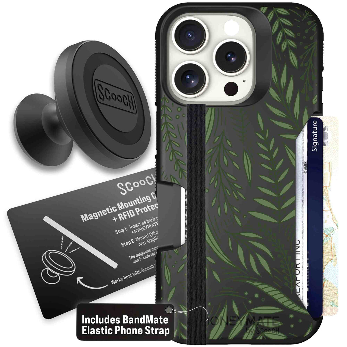 Willow Garden layered green leaves and branches on a charcoal Scooch Moneymate case for iPhone 16 Pro - Starter Bundle